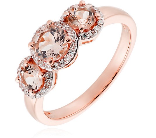 Outlet 0.70ct Morganite & 0.15ct Diamond Trilogy Halo Ring 9ct Gold