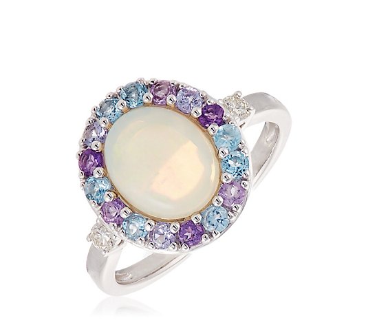1.30ct Opal Oval & 0.60ct Mixed Gemstone Halo 0.10ct Diamond Ring 9ct Gold