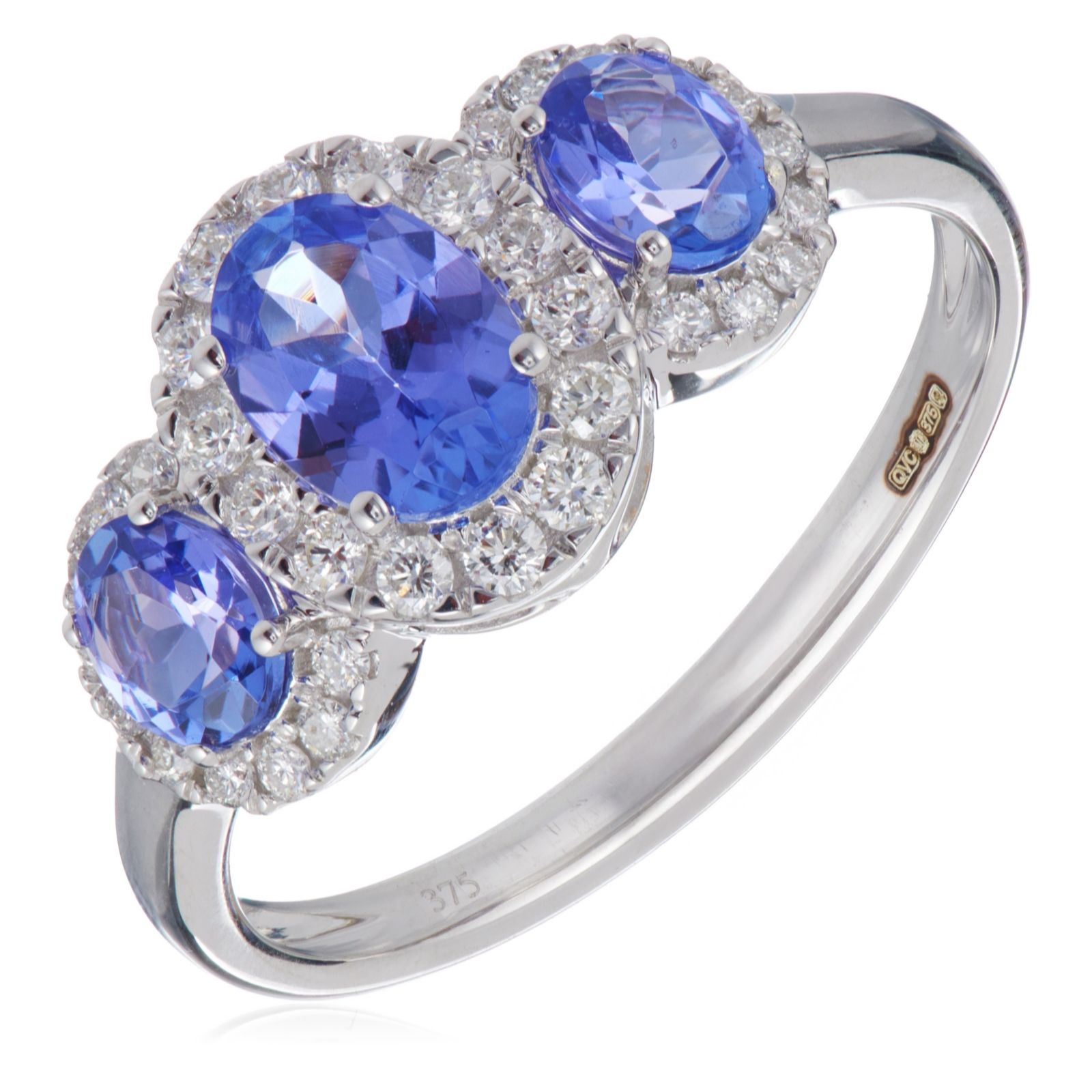  1.09ct AA Tanzanite & 0.33ct Diamond Oval Trilogy Halo Ring 9ct Gold