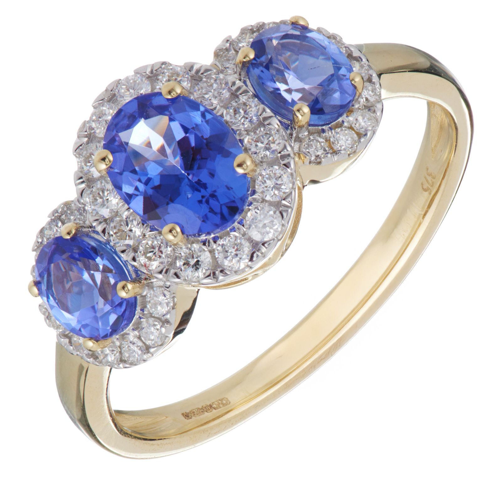 1.09ct AA Tanzanite & 0.33ct Diamond Oval Trilogy Halo Ring 9ct Gold