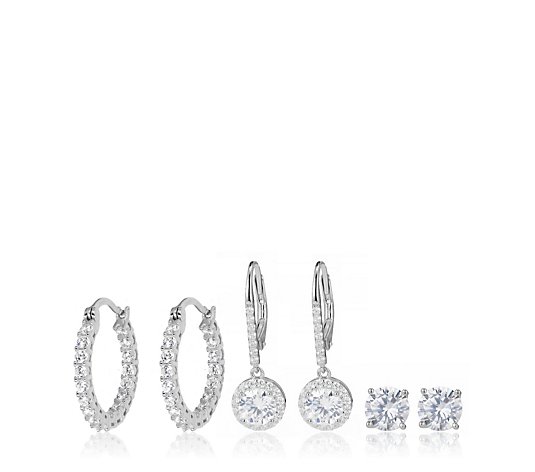 Diamonique 4.3ct tw Set of 3 Individually Boxed Earrings Sterling Silver