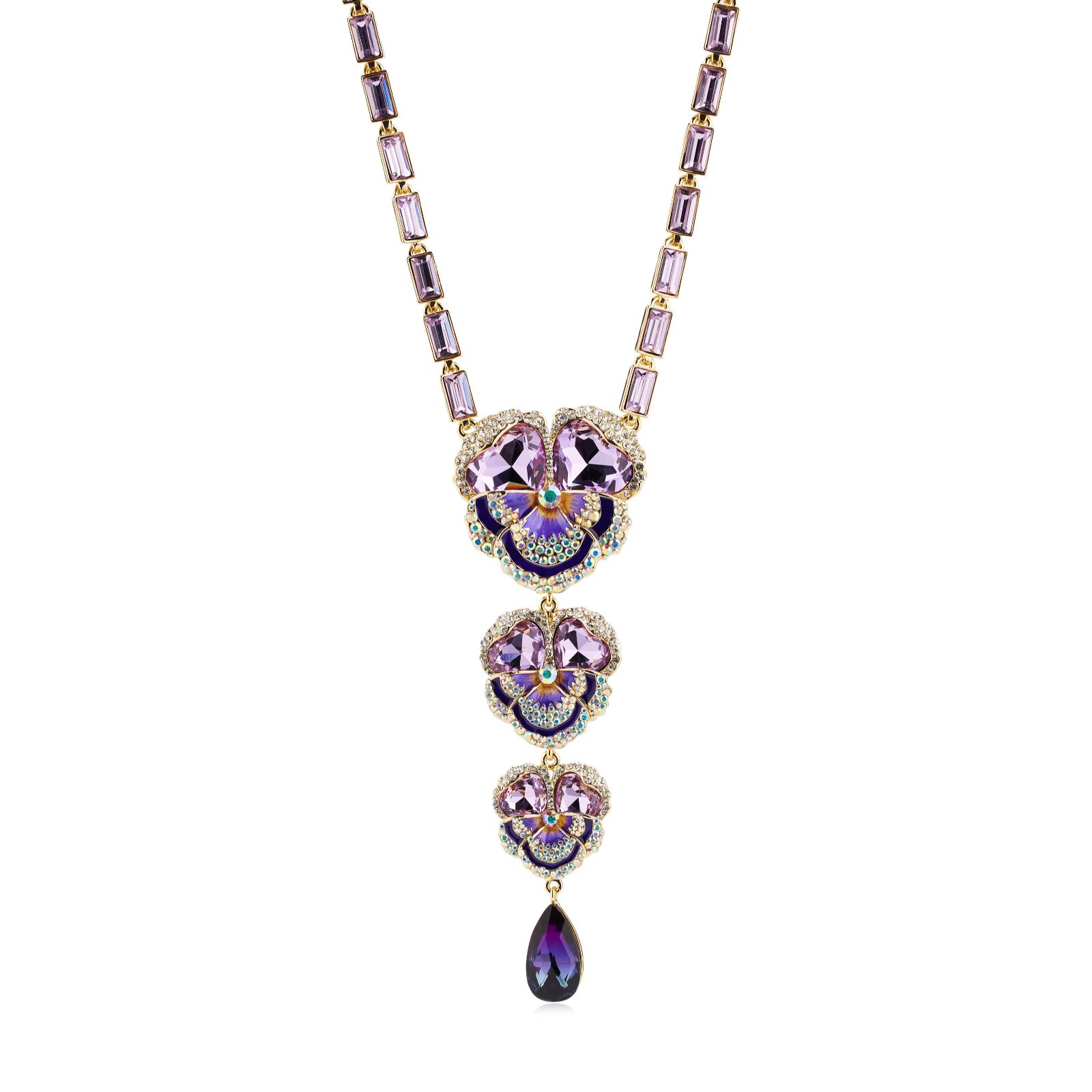 Butler & Wilson Three Pansy Baguette Crystal Necklace
