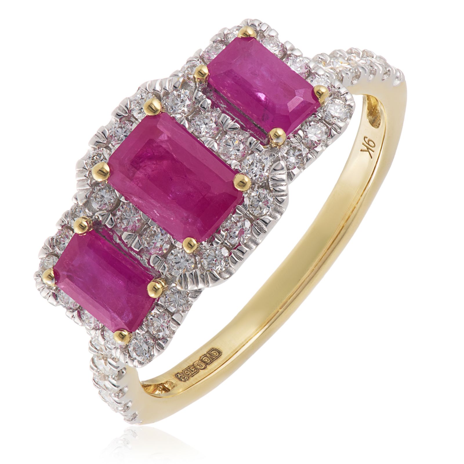 1.16ct Ruby Emerald Cut and 0.50ct Diamond Halo Trilogy Ring 9ct Gold