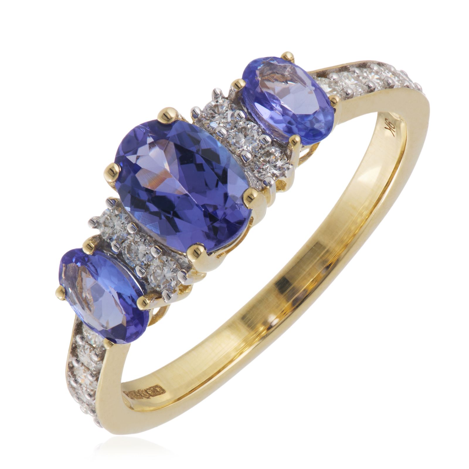 1.50ct AA Oval Tanzanite & 0.25ct Diamond Trilogy Ring 9ct Gold