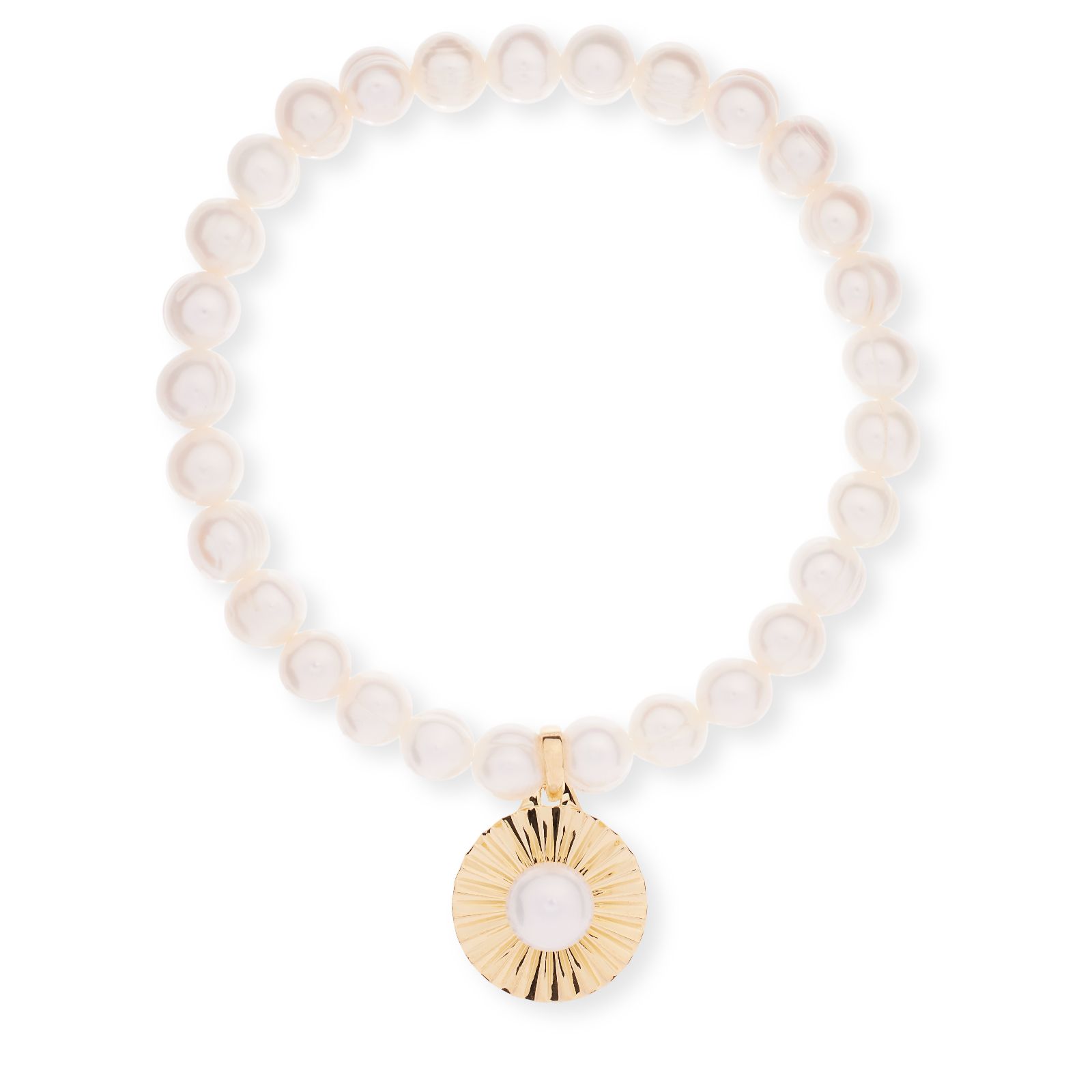 Lara Pearl 6-7mm Cultured Pearl Sunray Charm Stretch Bracelet 14k Yellow Gold