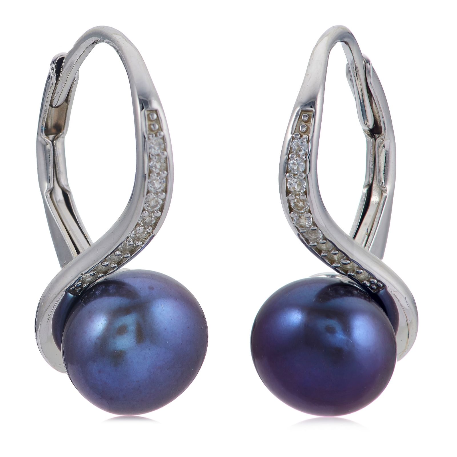 Lara Pearl 7-8mm Button Pearl and White Topaz Wave Earrings Sterling Silver