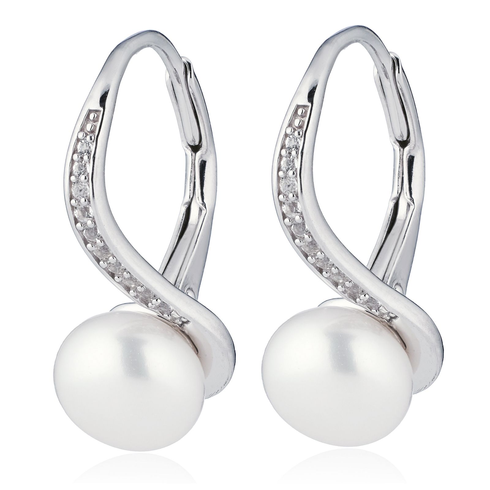 Lara Pearl 7-8mm Button Pearl and White Topaz Wave Earrings Sterling Silver