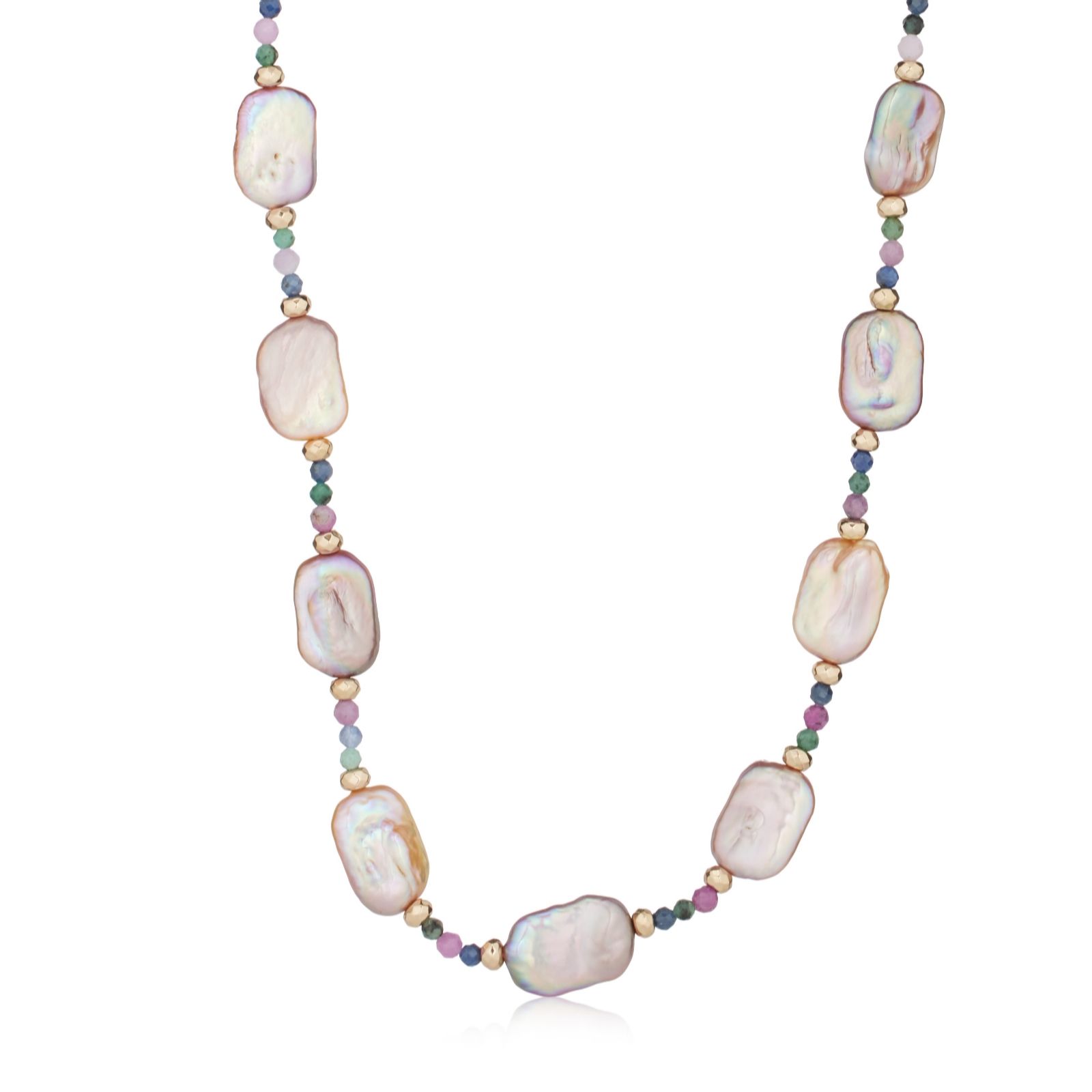 Lara Pearl 11-12mm Square Coin Pearl and Gemstone Necklace Stainless Steel