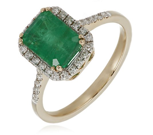 1.25ct Zambian Emerald Octagon & 0.22ct Diamond Halo Ring 14ct Gold