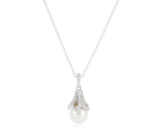 Diamonique by Tova 0.3ct tw Simulated Pearl Pendant Necklace Sterling Silver