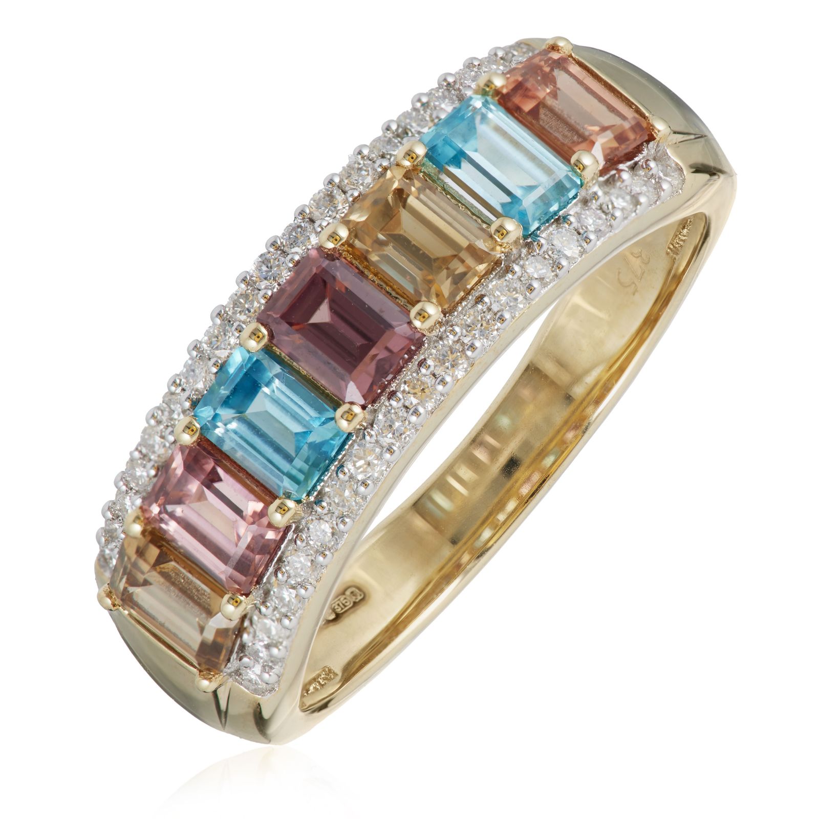 0.20ct Diamond & 1.70ct Emerald Cut Zircon Band Ring 9ct Gold