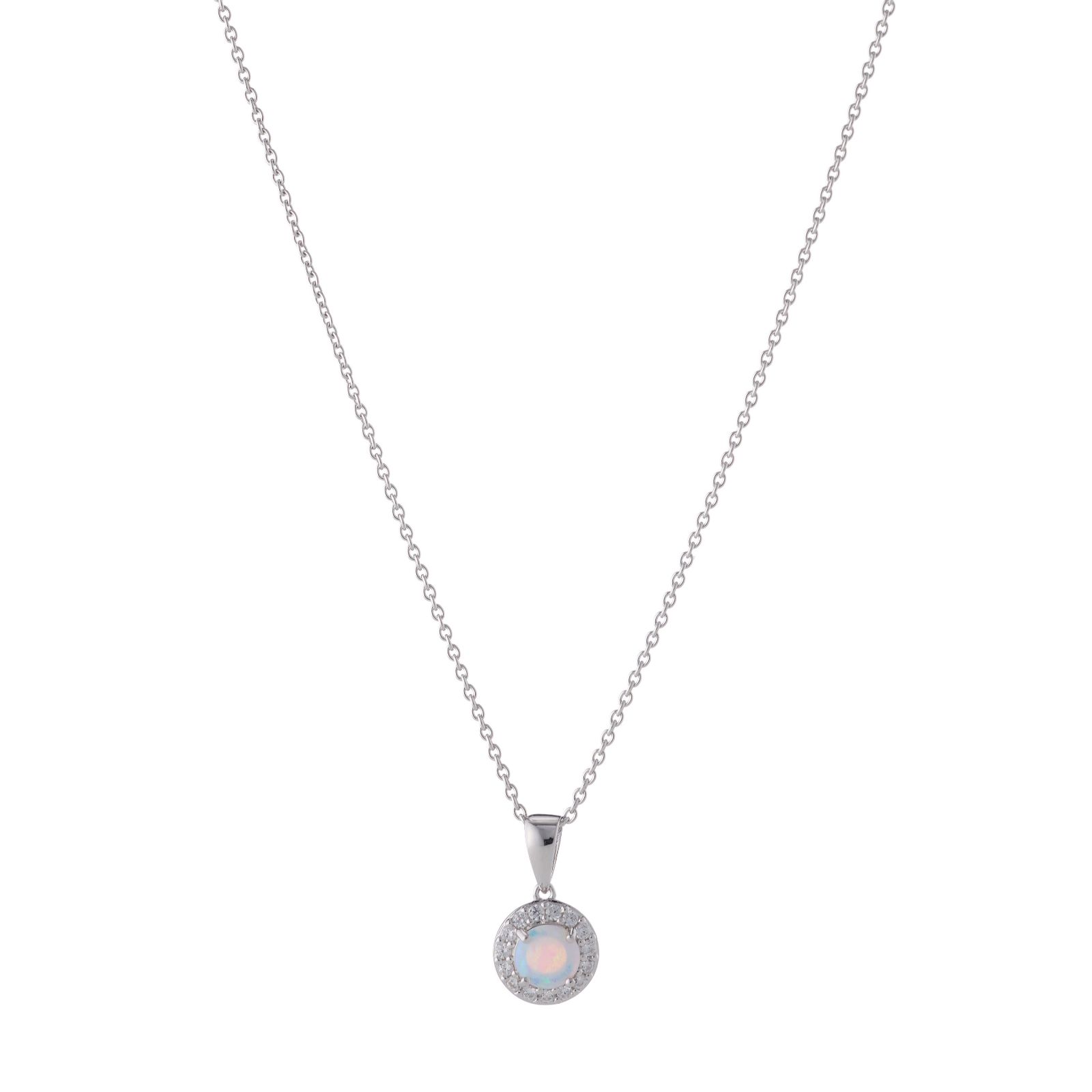 Diamonique 0.15ct Round Opal Halo Pendant Necklace Sterling Silver