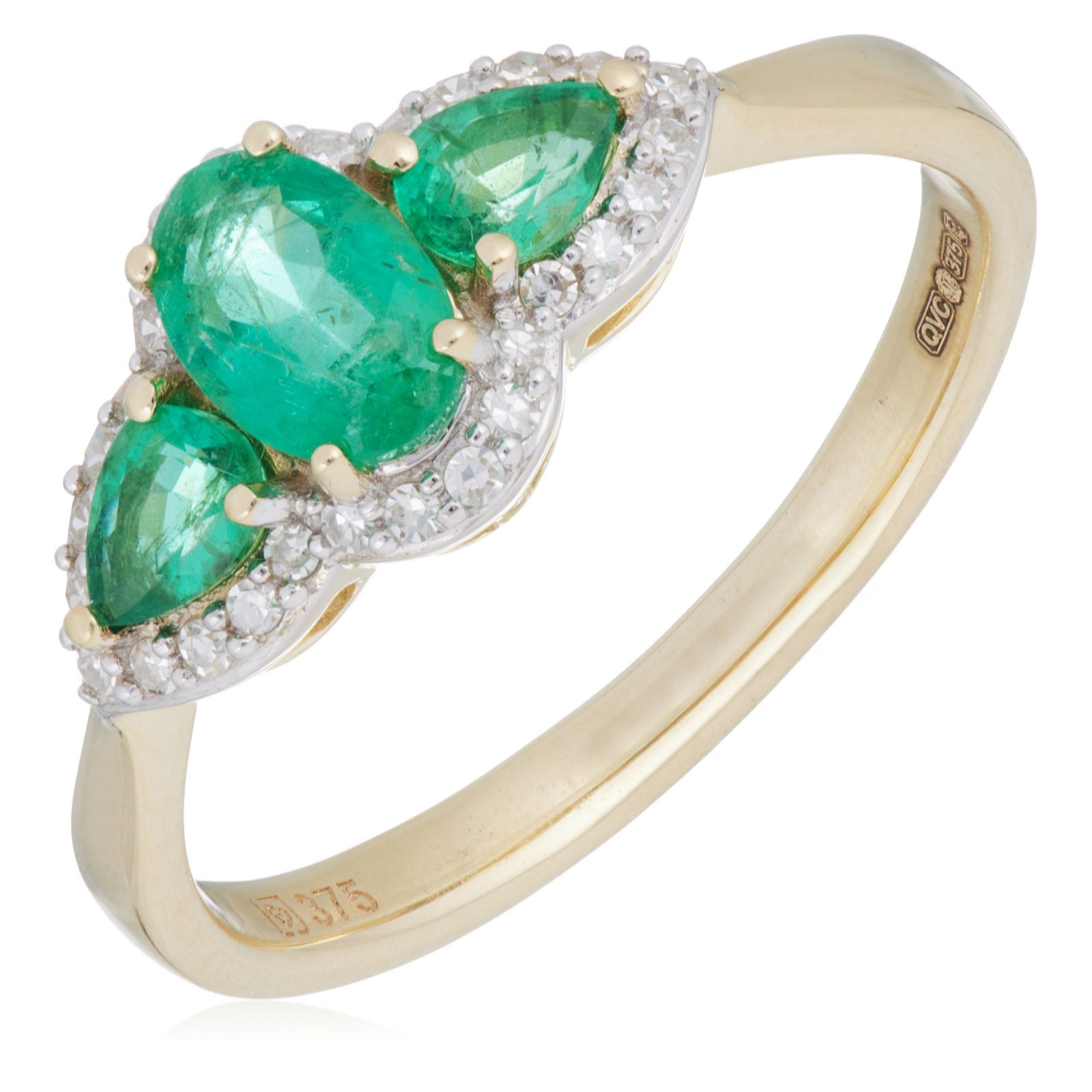 0.60ct Zambian Emerald & 0.10ct Diamond Trilogy Ring 9ct Gold