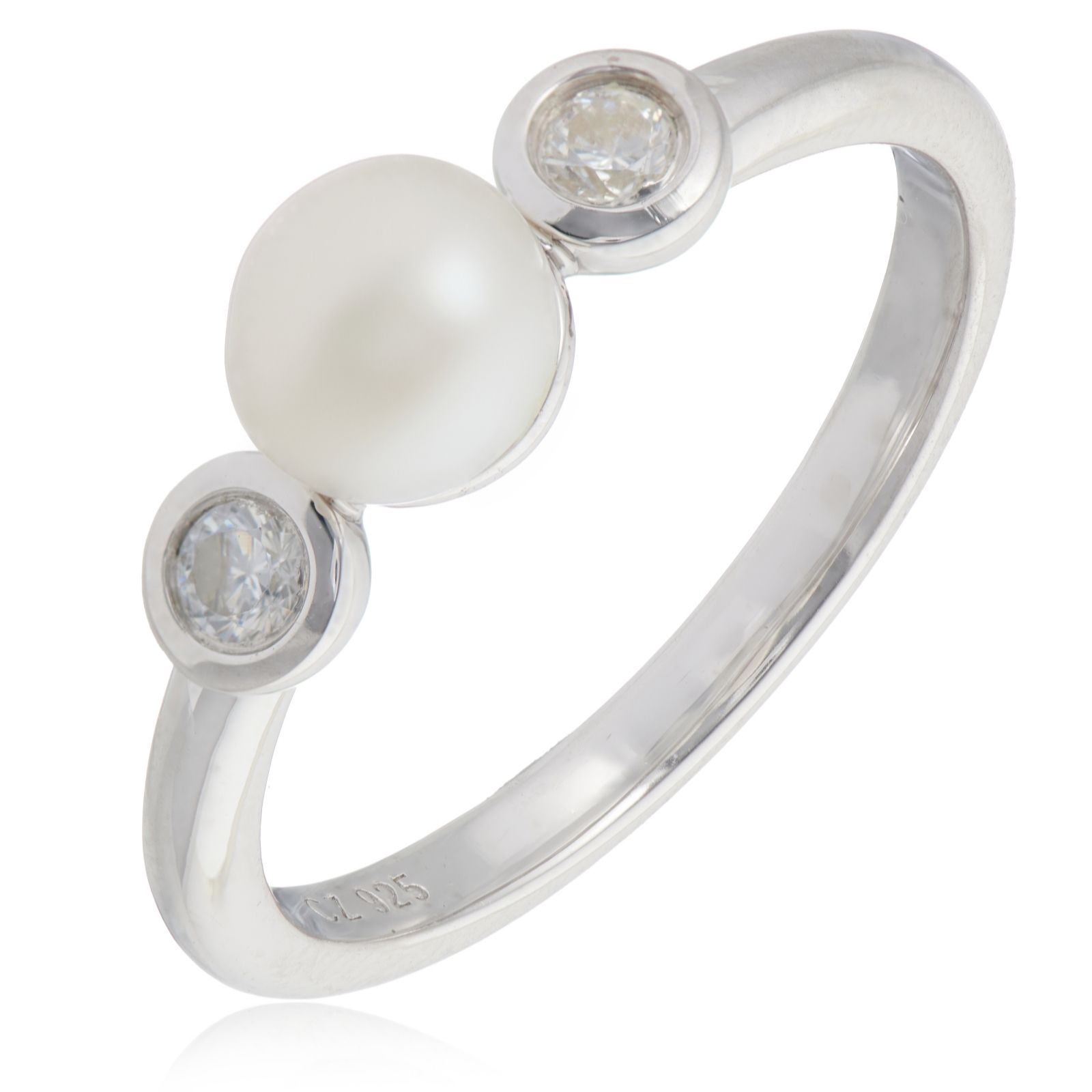 Diamonique 0.1ct tw Bezel Set Pearl Ring Sterling Silver