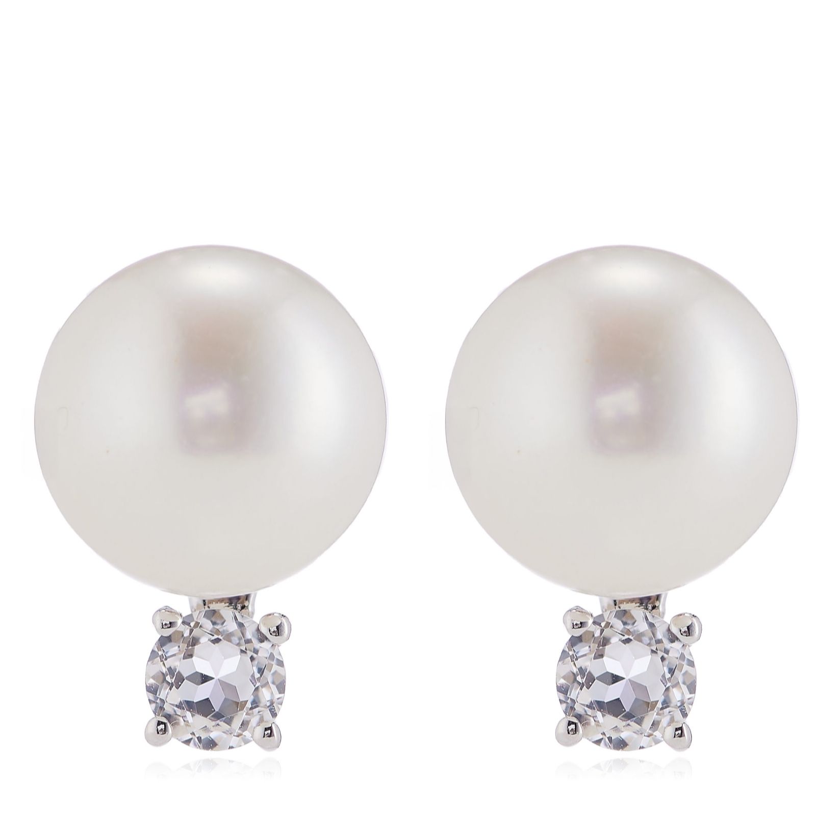 Lara Pearl 8-9mm Button Pearl White Topaz Earrings Sterling Silver