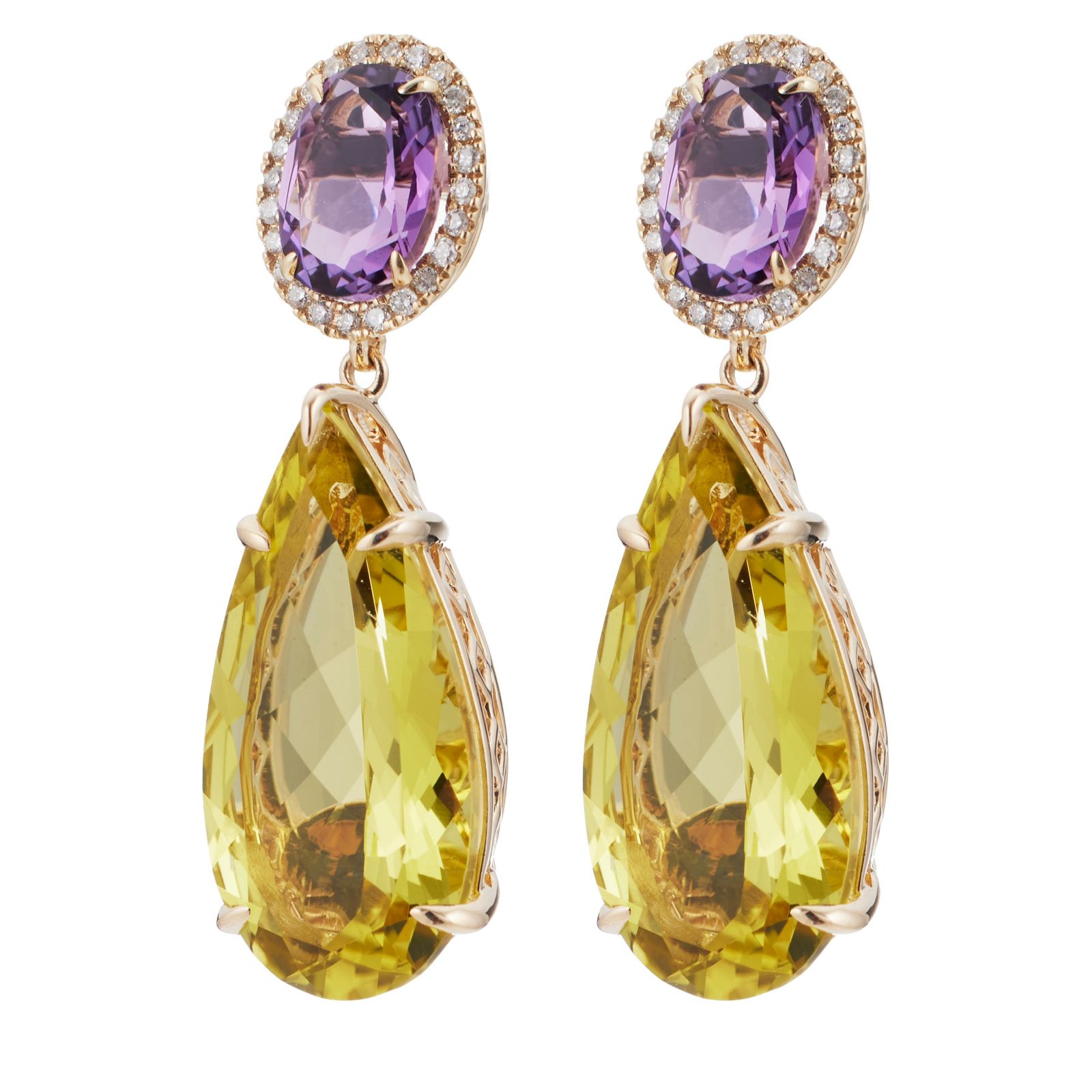 Oisha 11.5ct Lemon Quartz, 2.2ct Amethyst & 0.17ct Diamond Earrings 9ct Gold