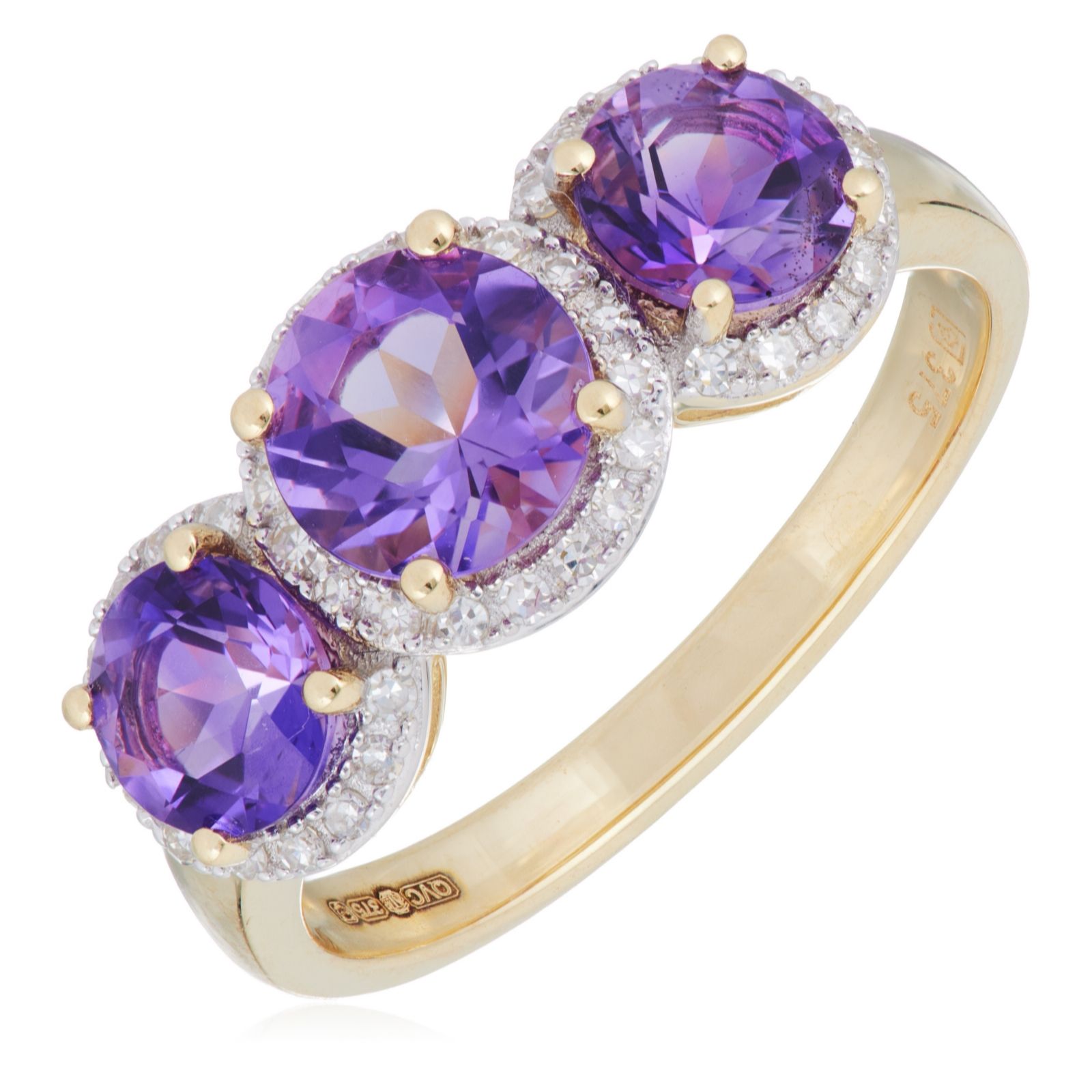 1.40ct Amethyst & 0.15ct Diamond Halo Trilogy Ring 9ct Gold