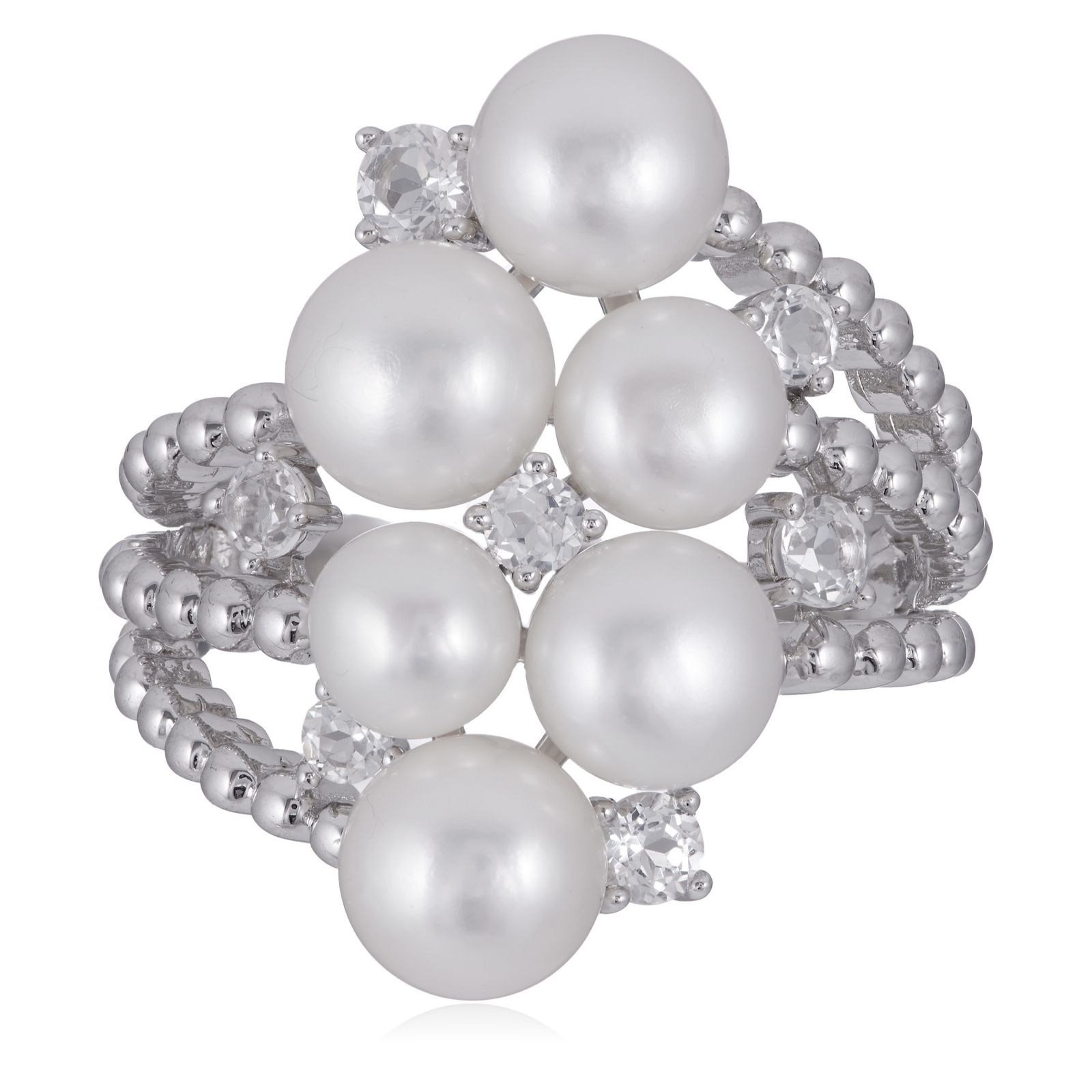 Lara Pearl 5 & 6mm Button Pearl & White Topaz Cluster Ring Sterling Silver