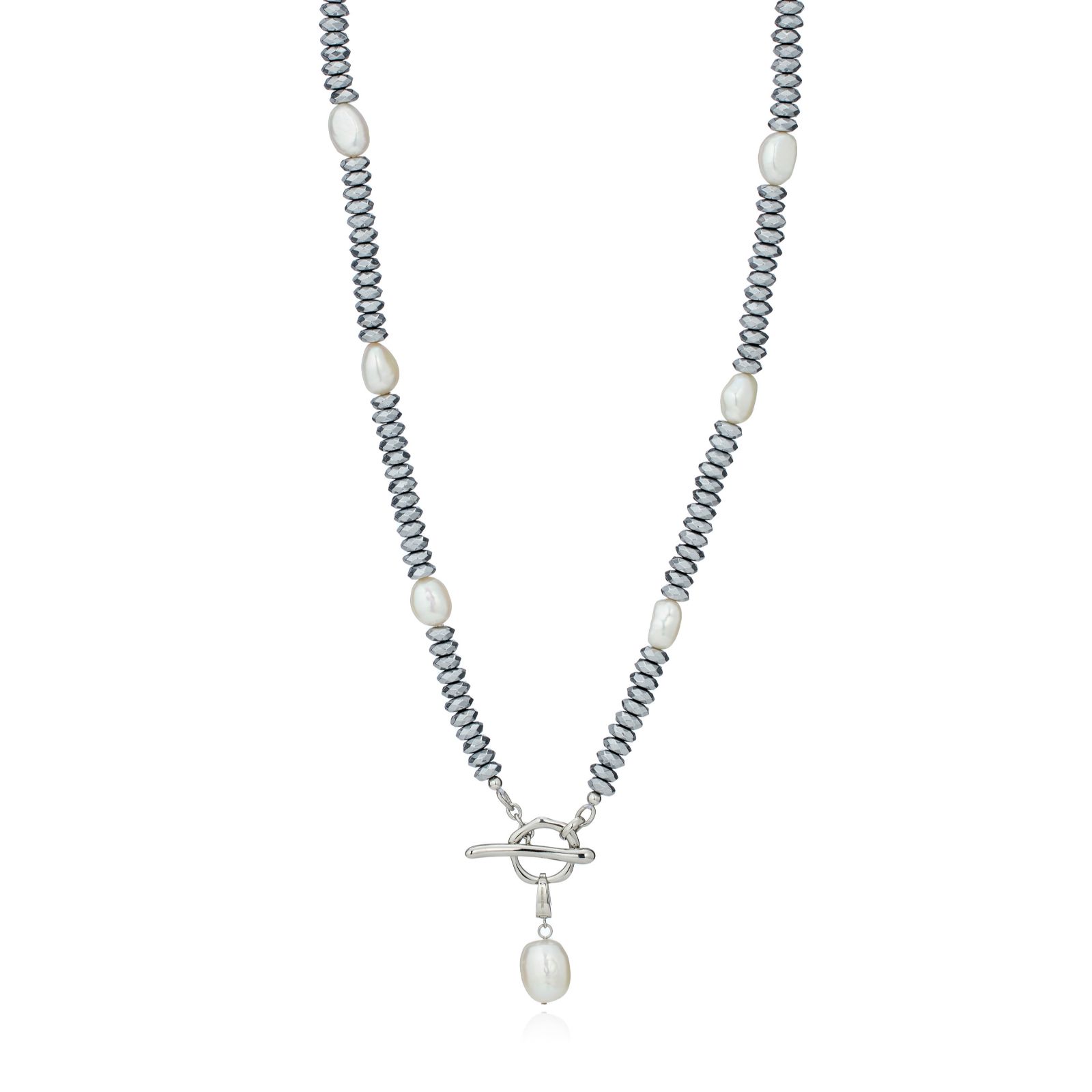 Lara Pearl Baroque Pearl & Hematite T-Bar Necklace Stainless Steel