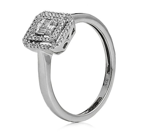 0.15ct Diamond Double Halo Baguette & Round Cut Ring 9ct Gold