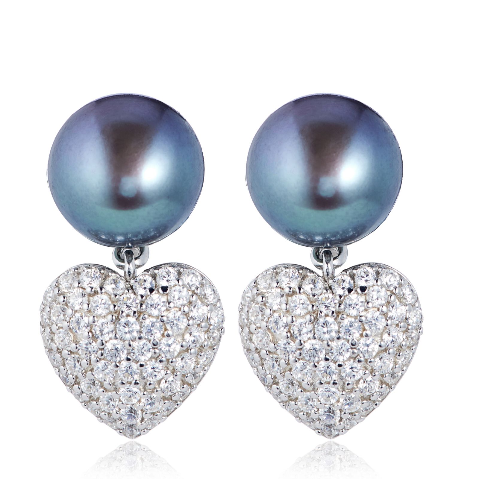 Lara Pearl 8mm Button Pearl and Pave Heart Earrings Sterling Silver