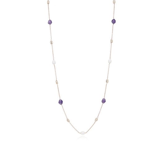 Bronzo Italia Polished Bead Gemstone & Cultured Pearl 90cm Necklace