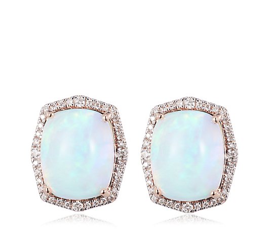 3.50ct Opal Cushion 0.20ct Diamond Halo Stud Earring 14ct Gold