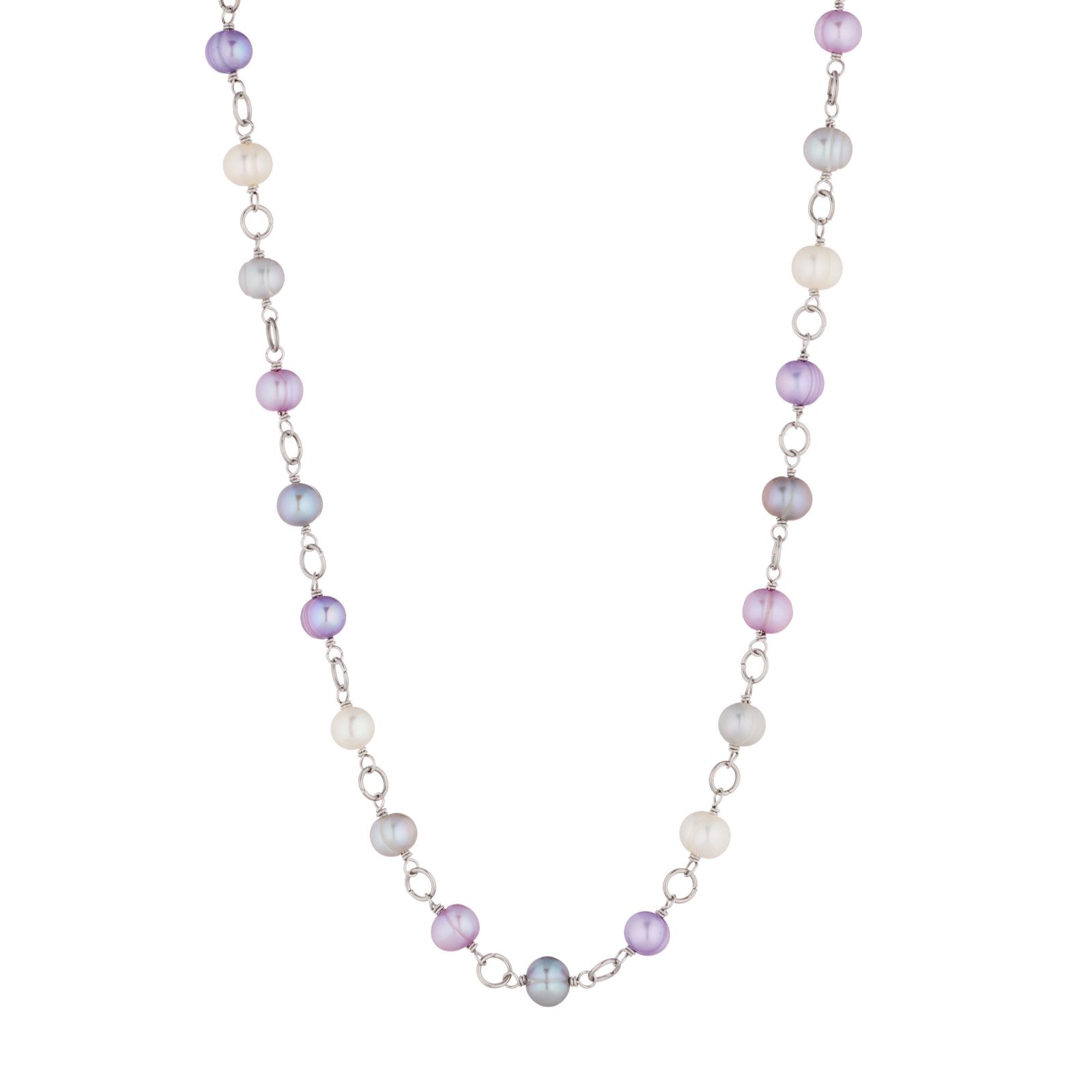 Lara Pearl 7-8mm Ringed Potato Pearl and Chain 61cm Necklace Stainless Steel