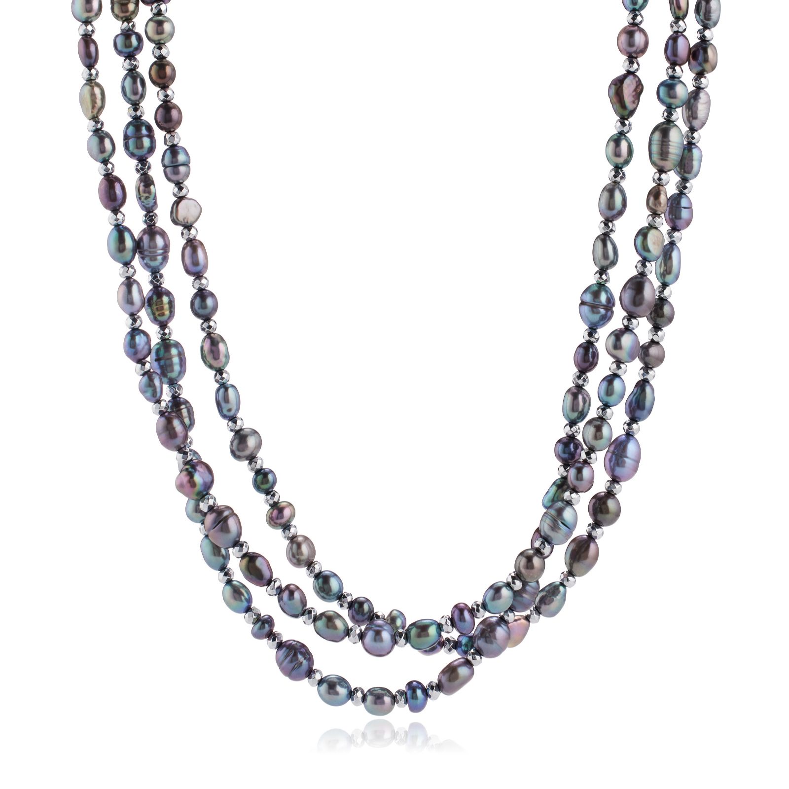 Lara Pearl 5-9mm Fresh Water Pearl & Haematite 152cm Necklace Stainless Steel