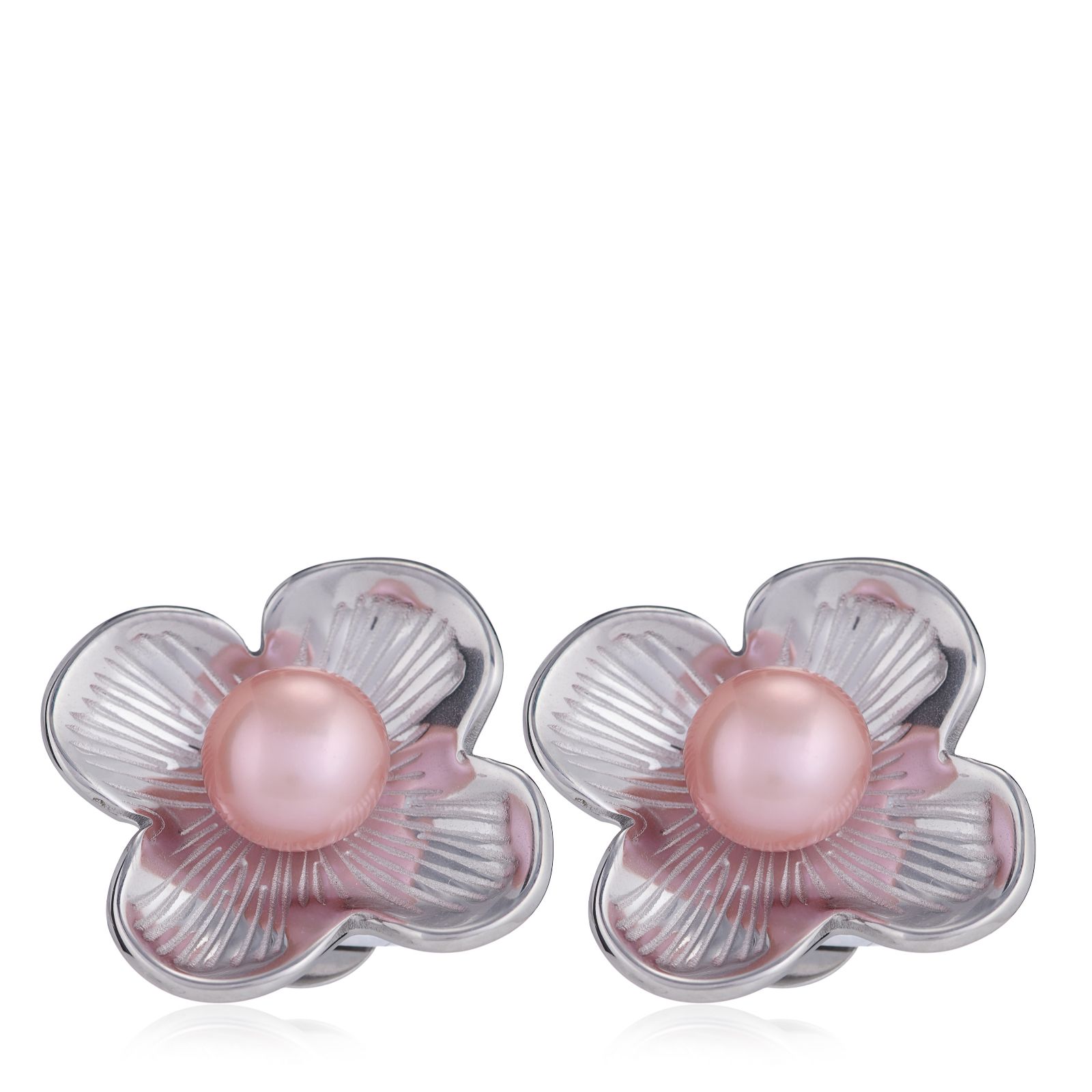 Lara Pearl 7-8mm Button Pearl Textured Flower Earrings Stainless Steel