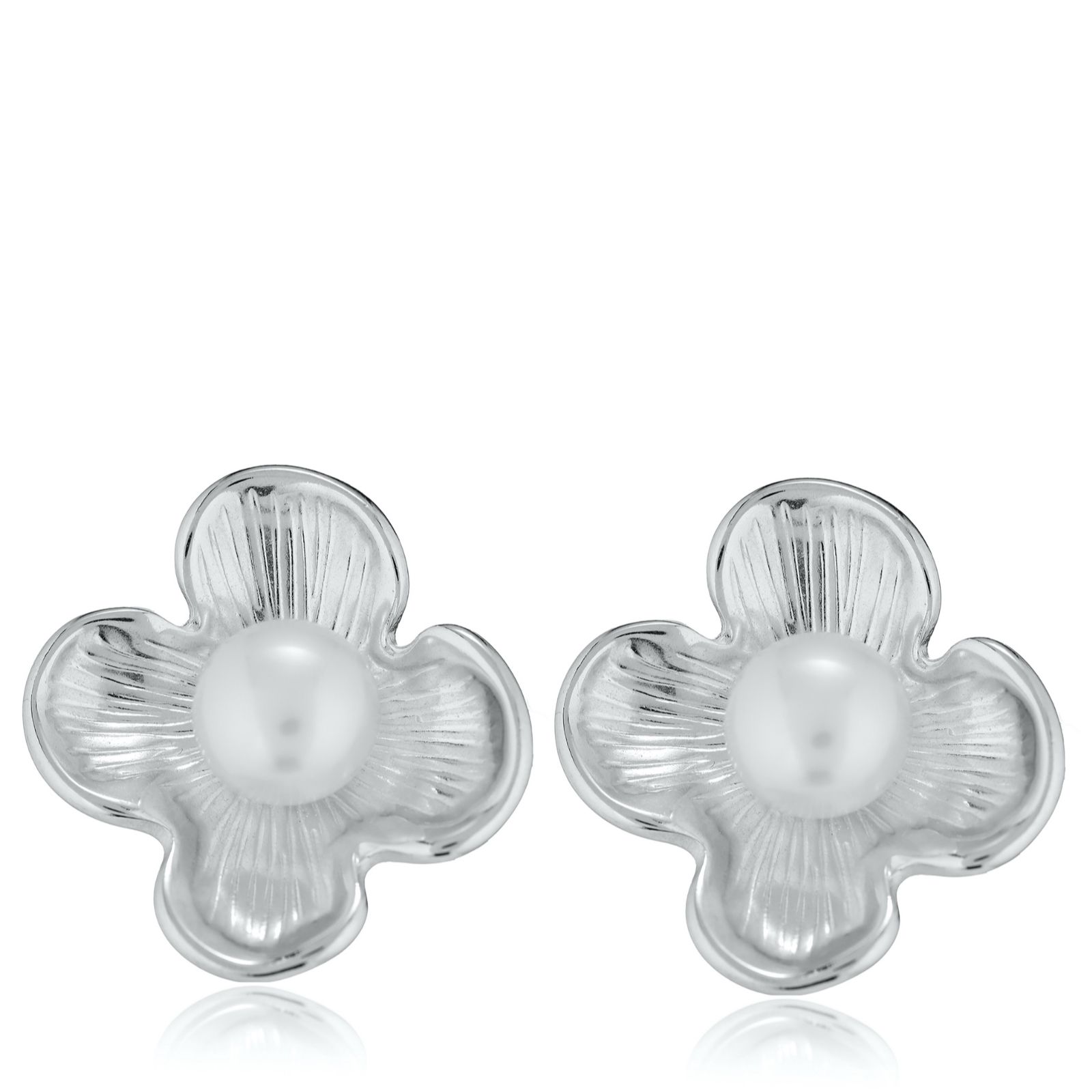 Lara Pearl 7-8mm Button Pearl Textured Flower Earrings Stainless Steel