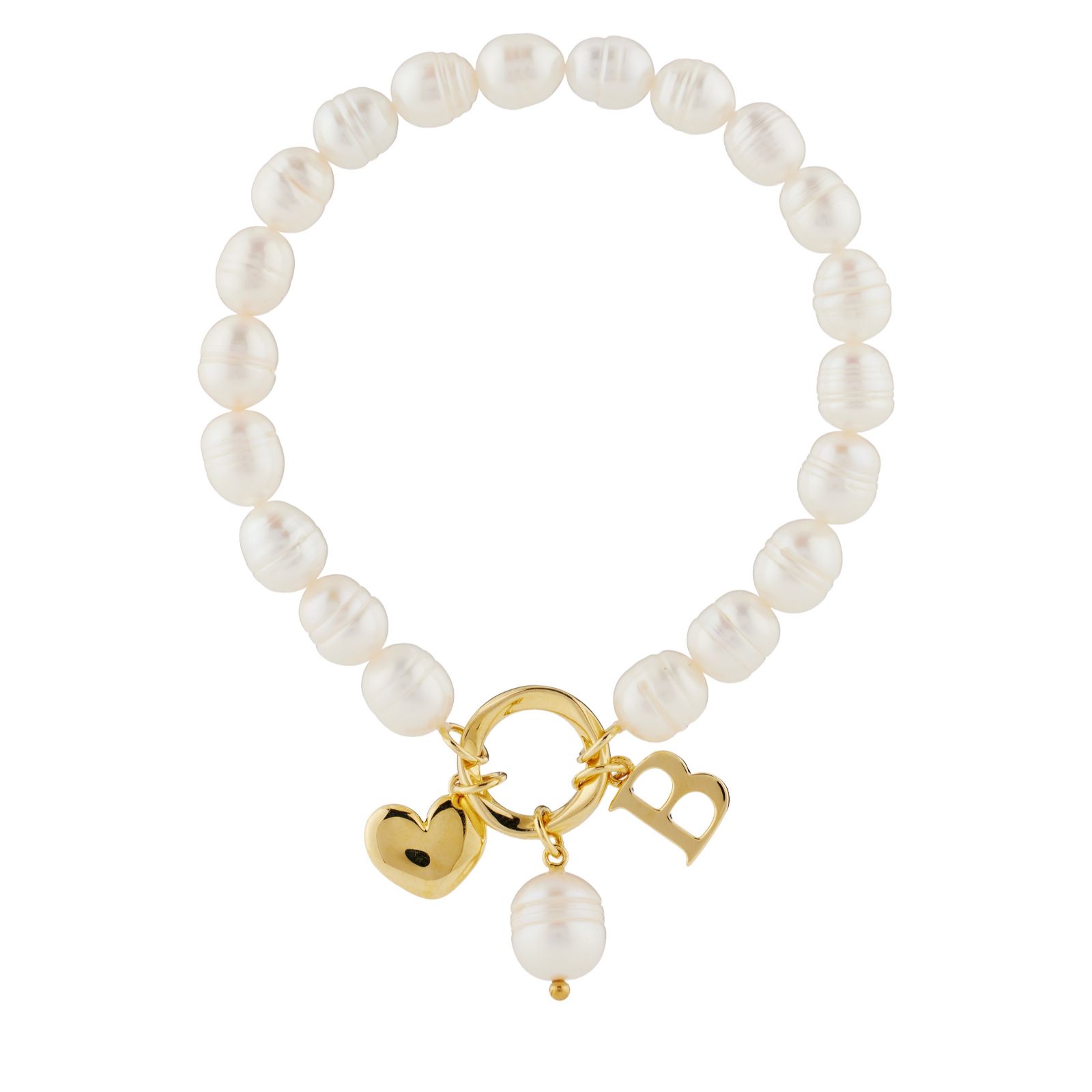 Lara Pearl 7-8mm Fresh Water Pearl Initial Charm Love Letters Stretch Bracelet