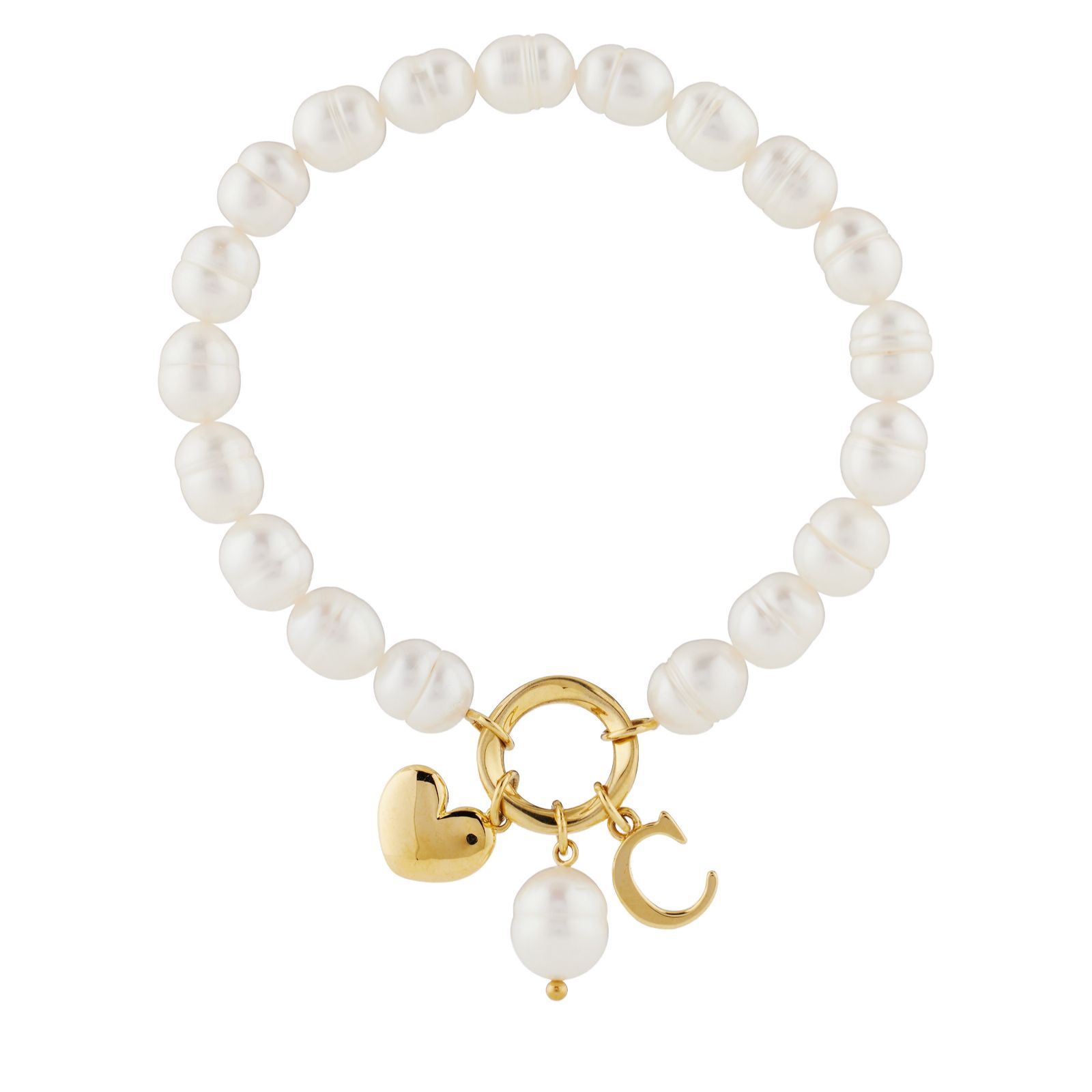 Lara Pearl 7-8mm Fresh Water Pearl Initial Charm Love Letters Stretch Bracelet