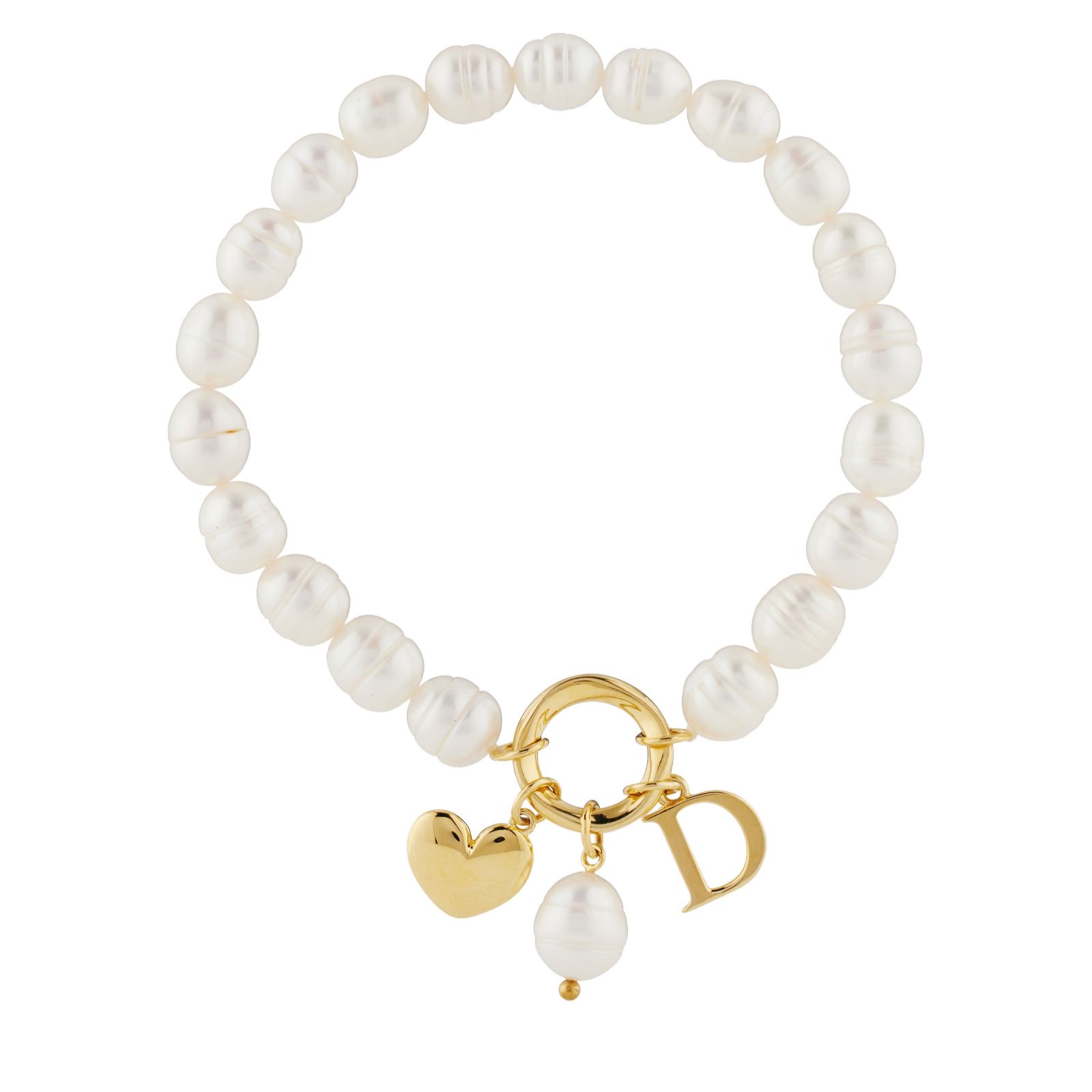 Lara Pearl 7-8mm Fresh Water Pearl Initial Charm Love Letters Stretch Bracelet