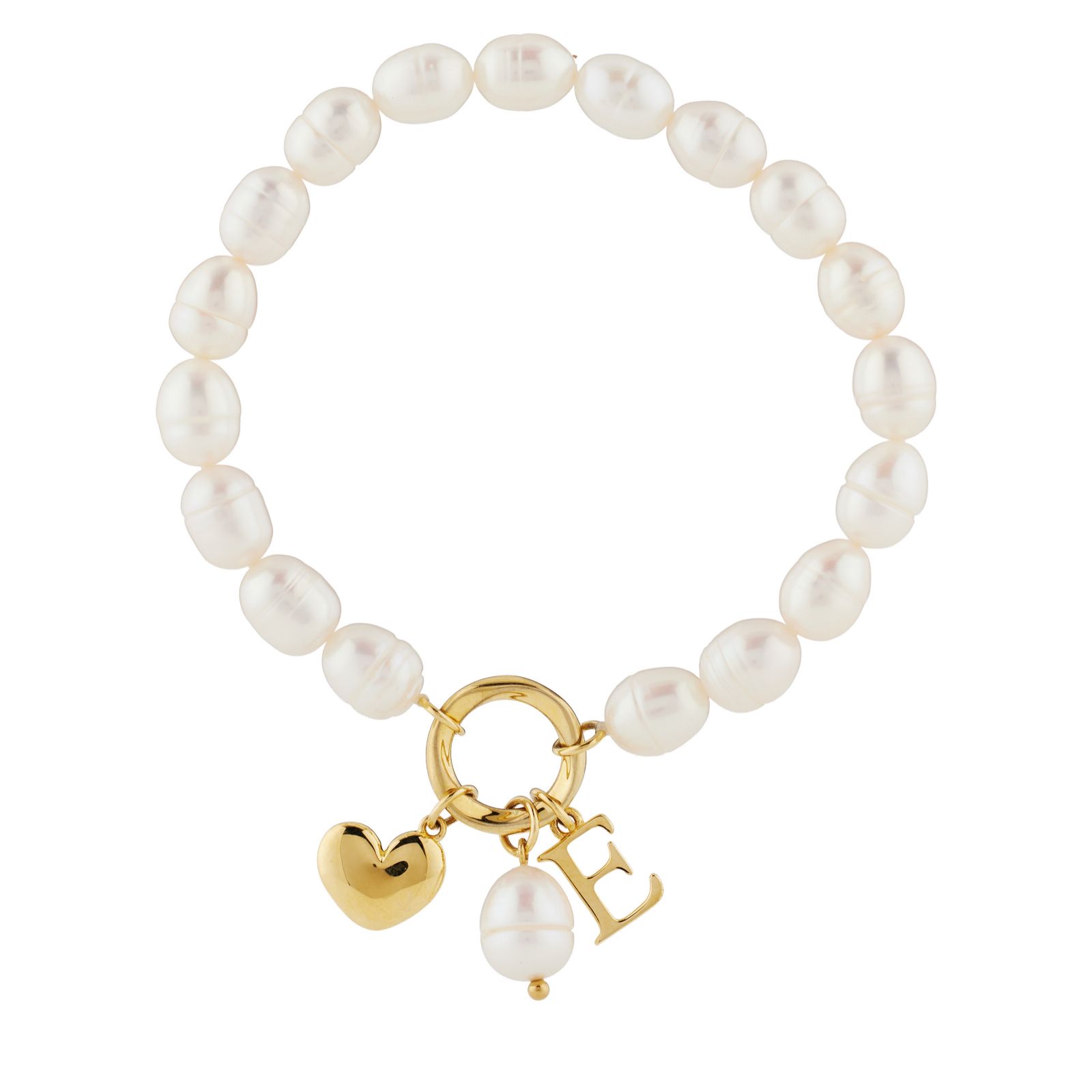 Lara Pearl 7-8mm Fresh Water Pearl Initial Charm Love Letters Stretch Bracelet