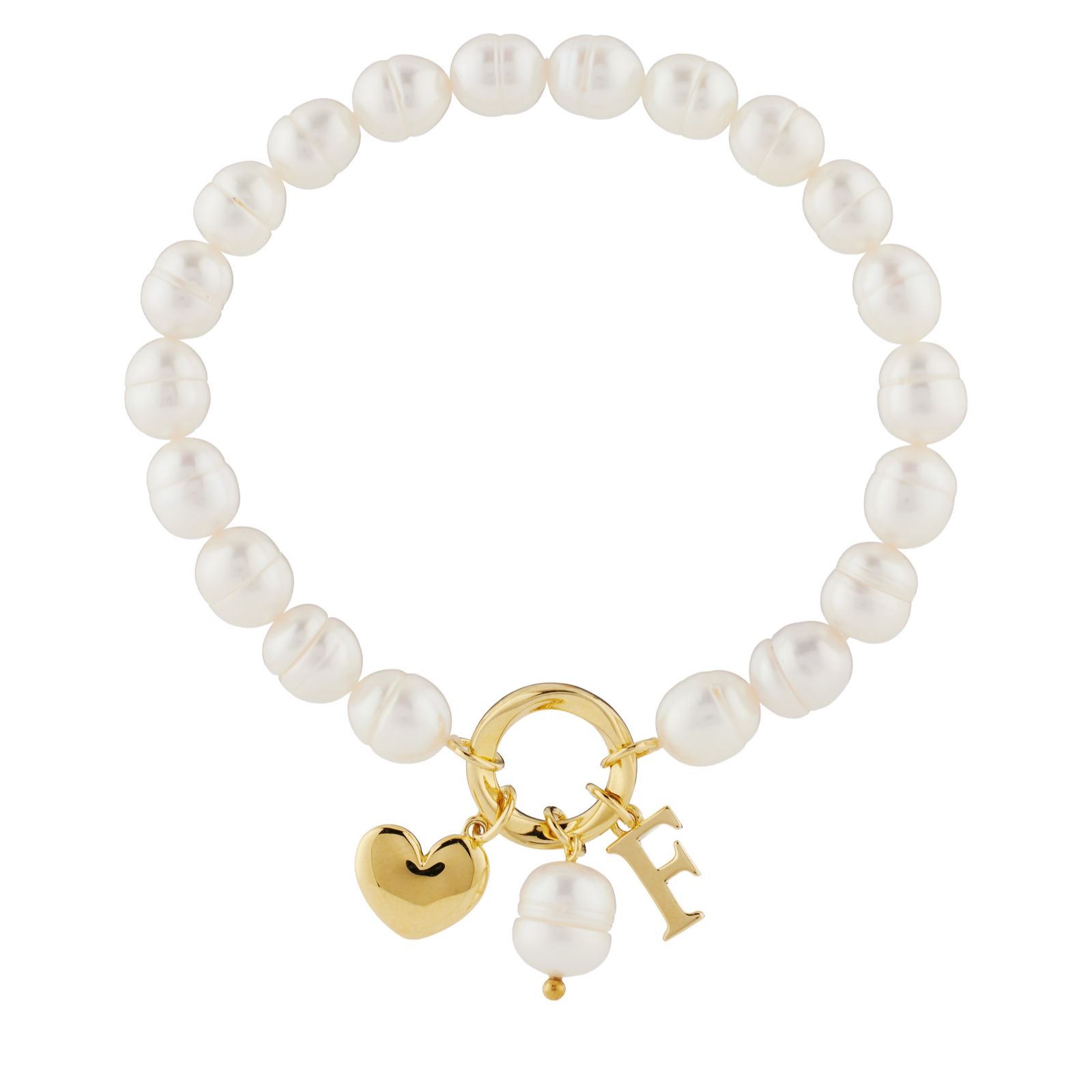 Lara Pearl 7-8mm Fresh Water Pearl Initial Charm Love Letters Stretch Bracelet