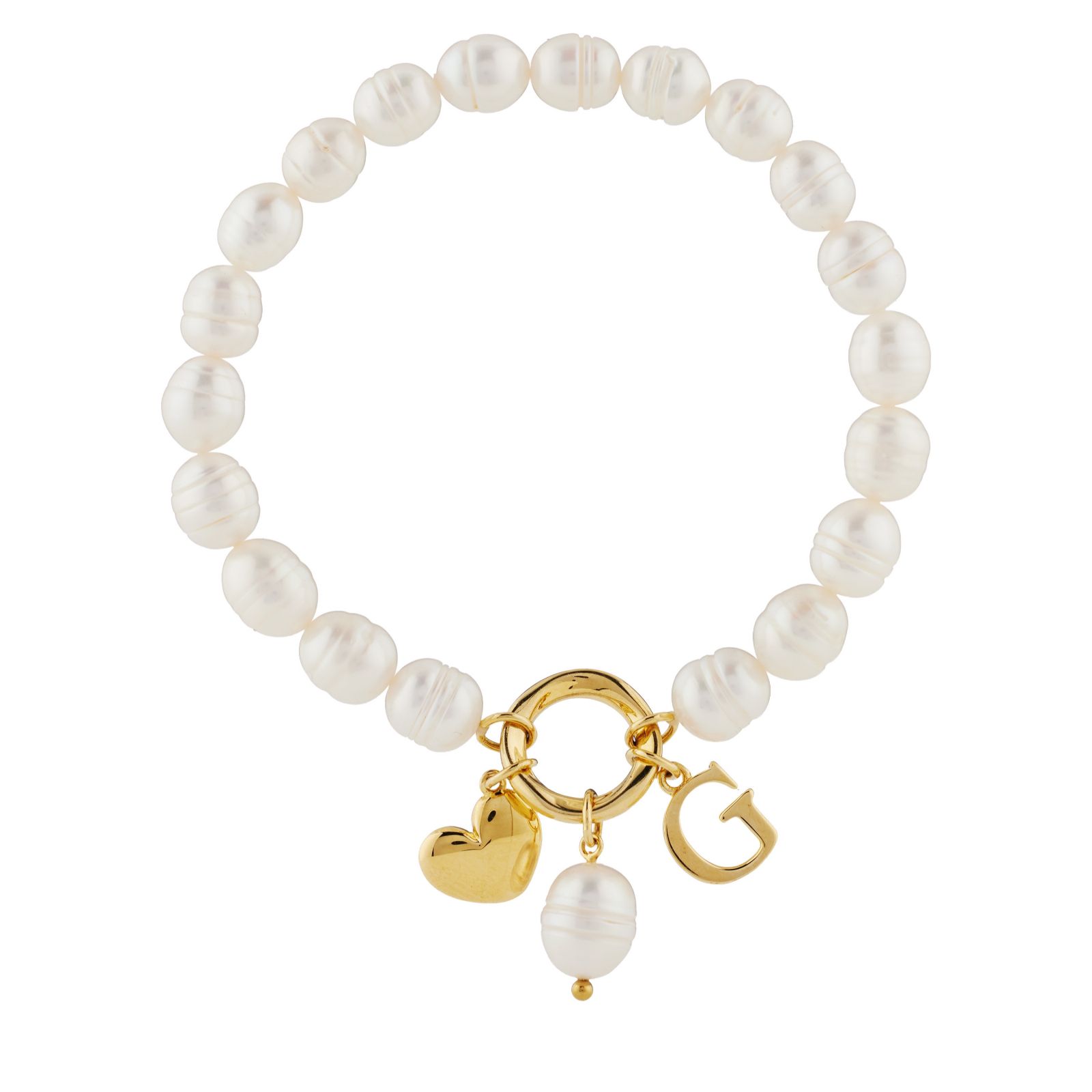 Lara Pearl 7-8mm Fresh Water Pearl Initial Charm Love Letters Stretch Bracelet