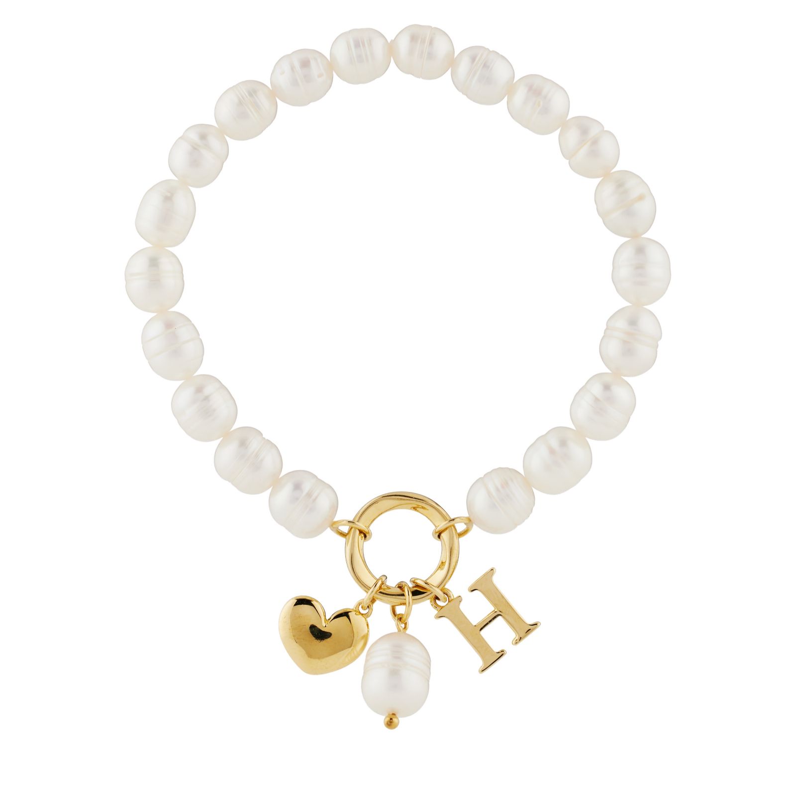 Lara Pearl 7-8mm Fresh Water Pearl Initial Charm Love Letters Stretch Bracelet
