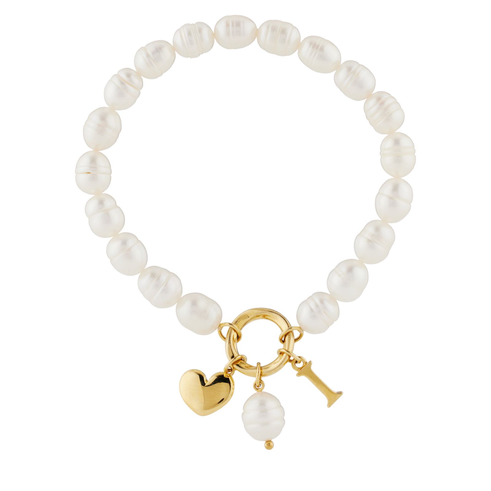 Lara Pearl 7-8mm Fresh Water Pearl Initial Charm Love Letters Stretch Bracelet