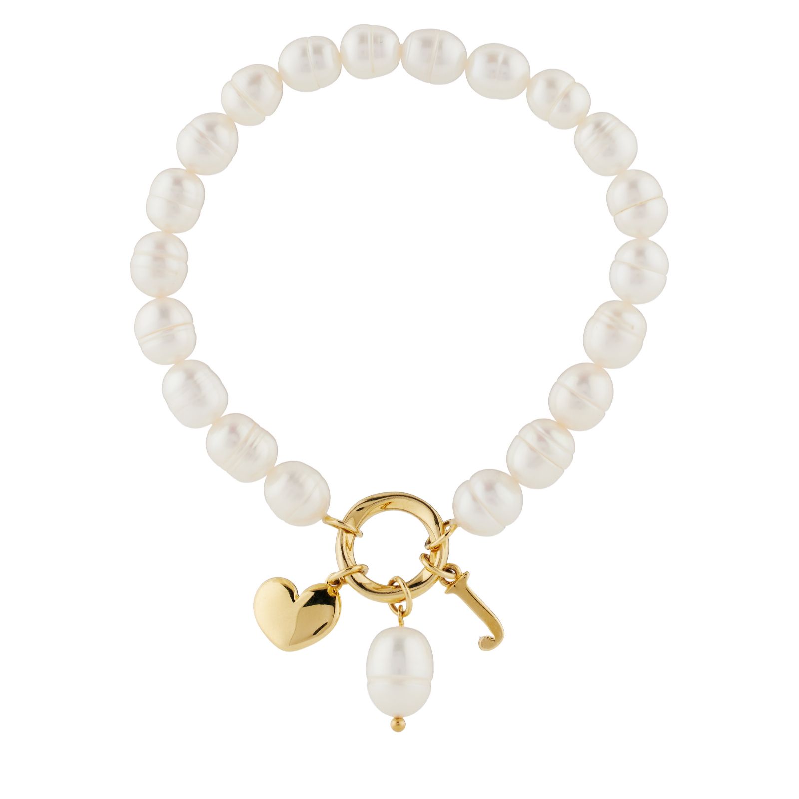 Lara Pearl 7-8mm Fresh Water Pearl Initial Charm Love Letters Stretch Bracelet