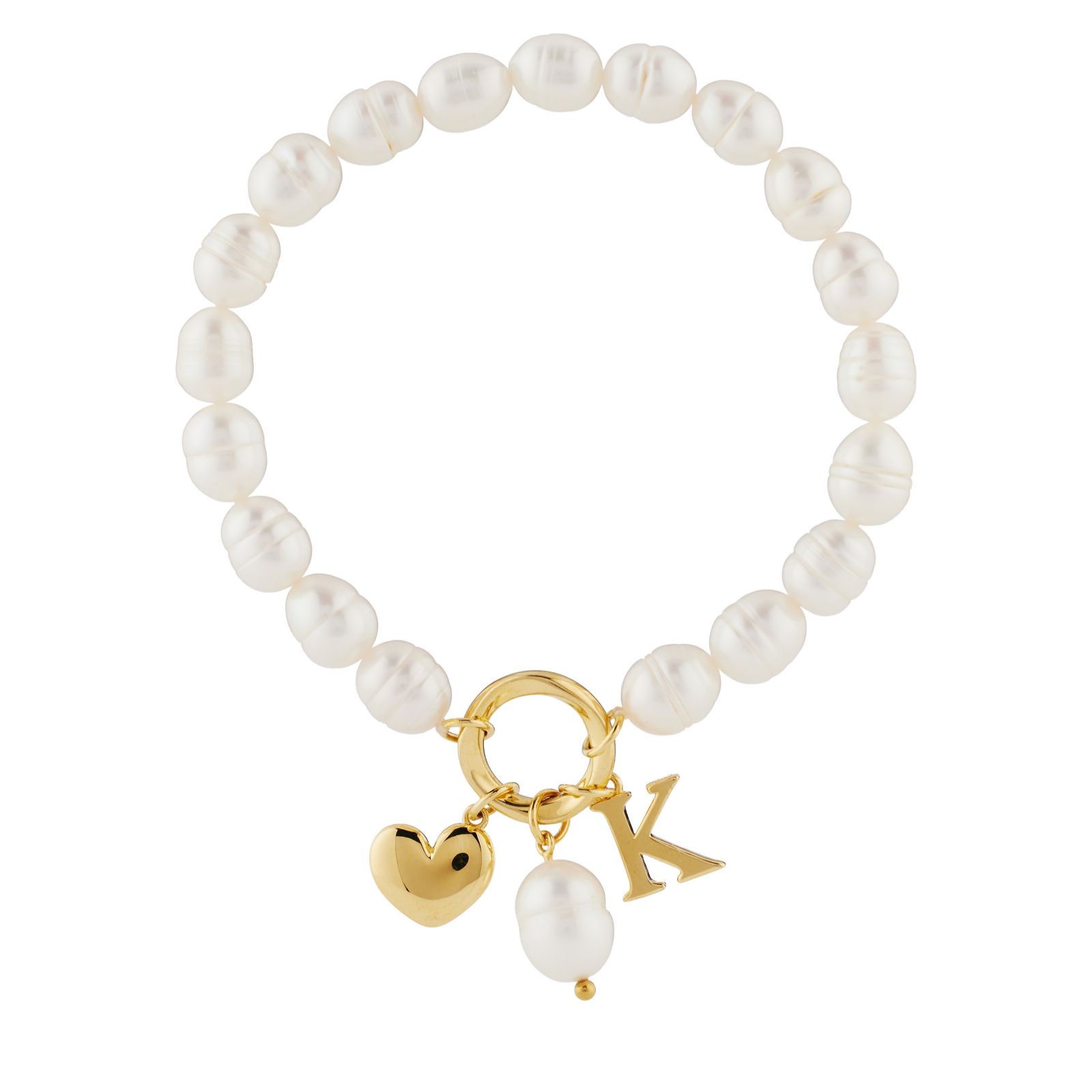 Lara Pearl 7-8mm Fresh Water Pearl Initial Charm Love Letters Stretch Bracelet