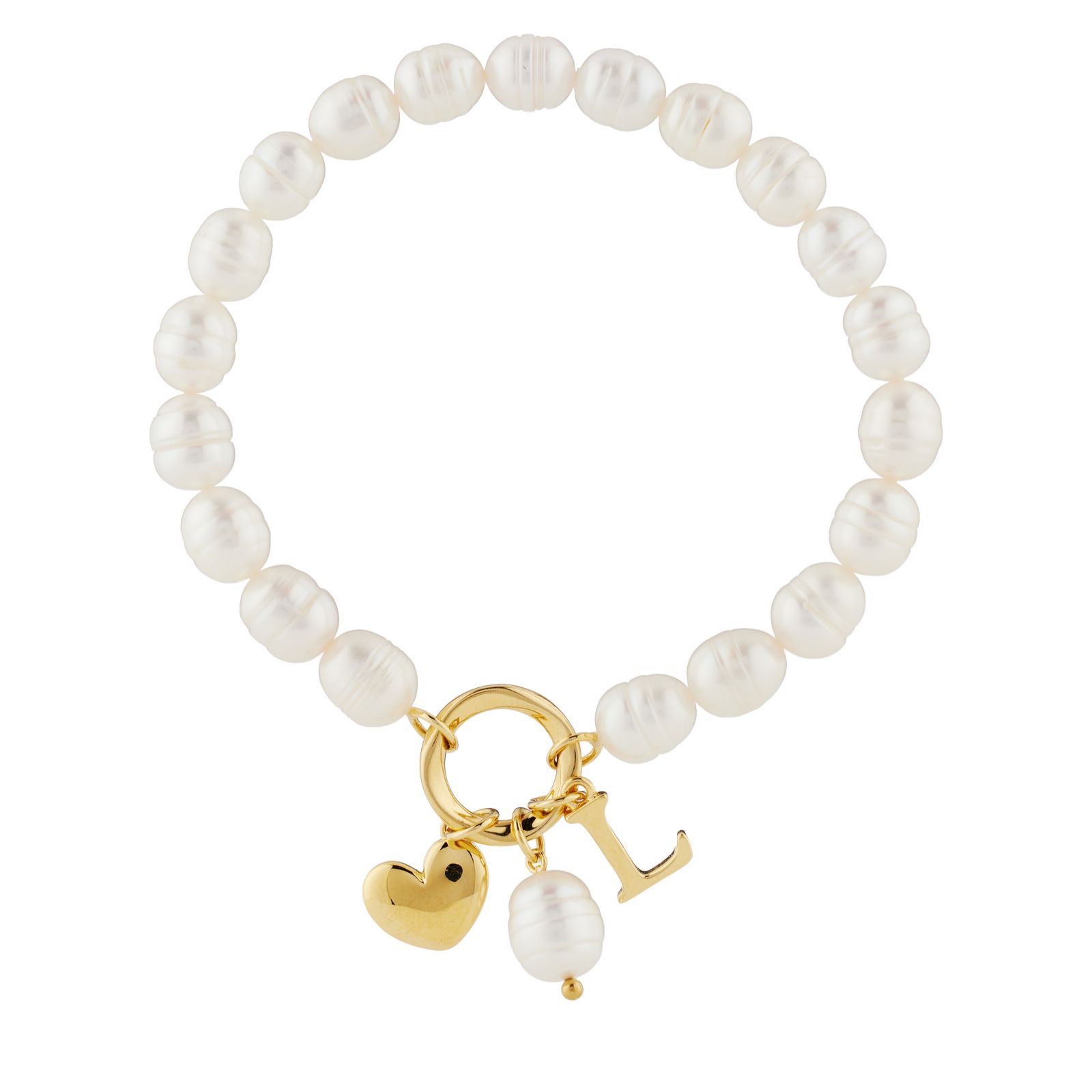 Lara Pearl 7-8mm Fresh Water Pearl Initial Charm Love Letters Stretch Bracelet