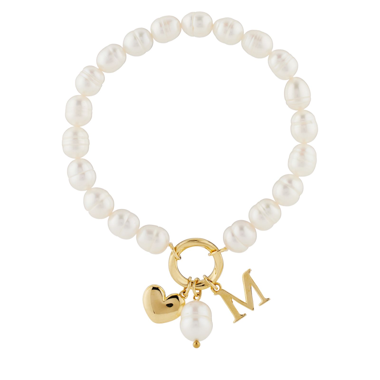 Lara Pearl 7-8mm Fresh Water Pearl Initial Charm Love Letters Stretch Bracelet