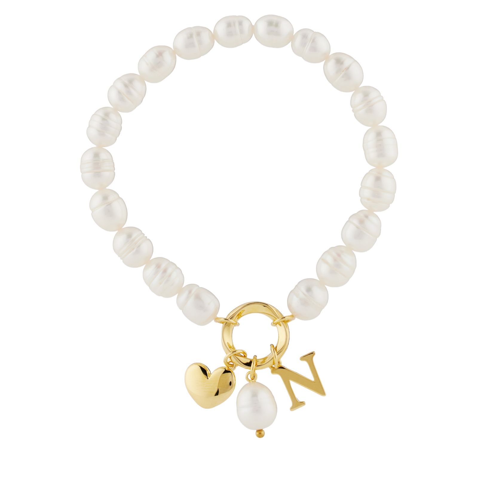 Lara Pearl 7-8mm Fresh Water Pearl Initial Charm Love Letters Stretch Bracelet