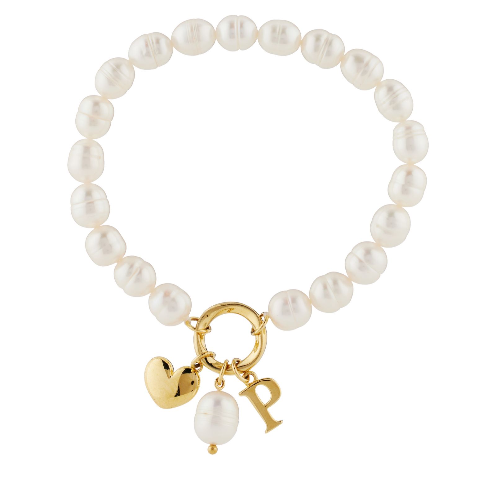 Lara Pearl 7-8mm Fresh Water Pearl Initial Charm Love Letters Stretch Bracelet