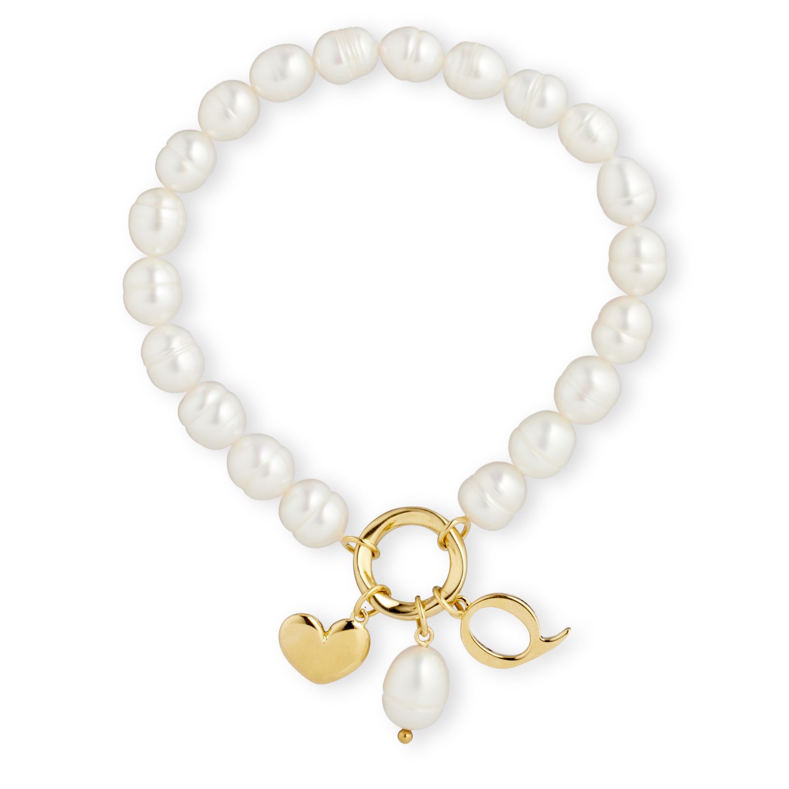 Lara Pearl 7-8mm Fresh Water Pearl Initial Charm Love Letters Stretch Bracelet