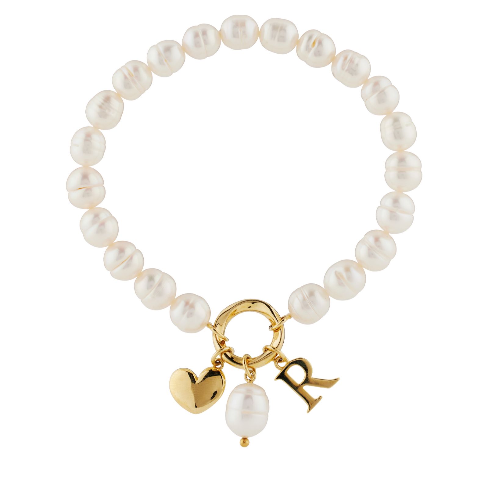 Lara Pearl 7-8mm Fresh Water Pearl Initial Charm Love Letters Stretch Bracelet