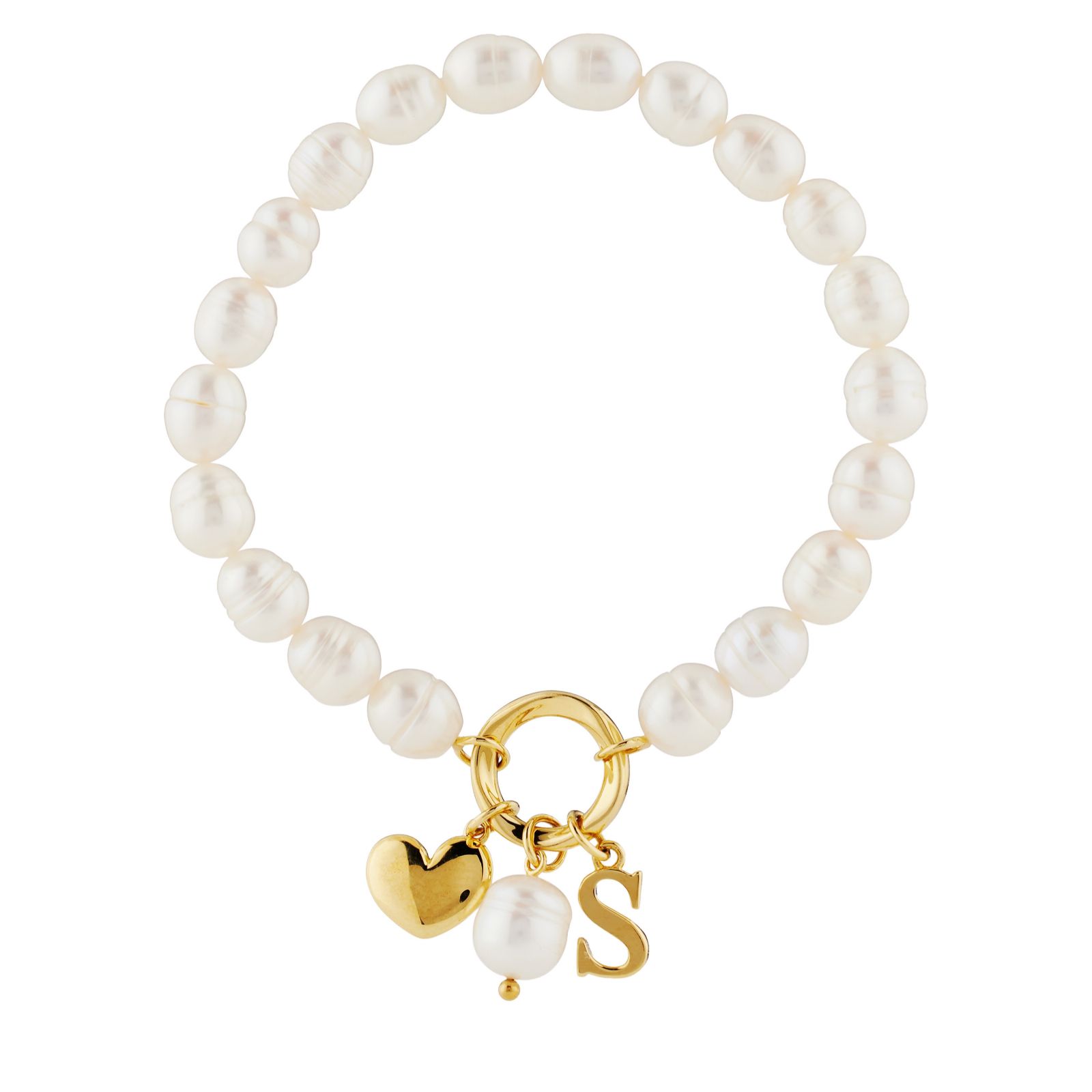 Lara Pearl 7-8mm Fresh Water Pearl Initial Charm Love Letters Stretch Bracelet
