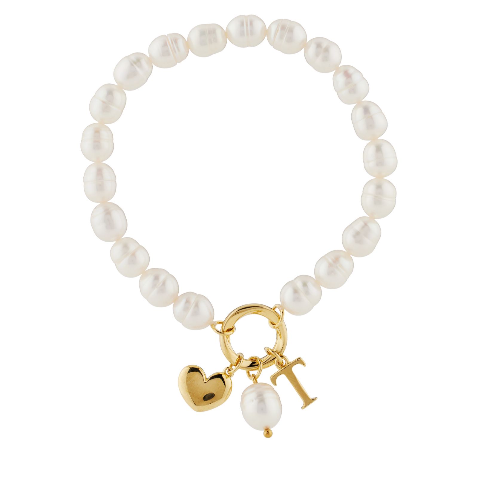 Lara Pearl 7-8mm Fresh Water Pearl Initial Charm Love Letters Stretch Bracelet