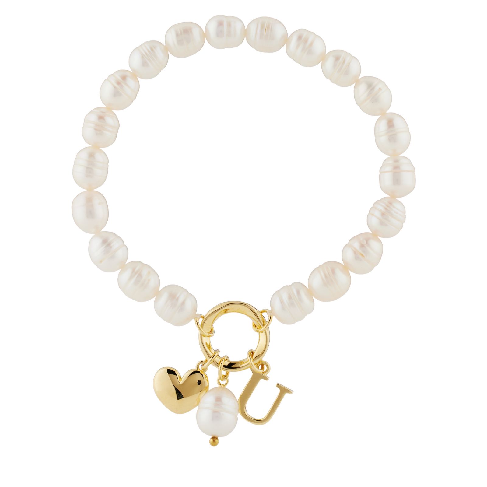 Lara Pearl 7-8mm Fresh Water Pearl Initial Charm Love Letters Stretch Bracelet
